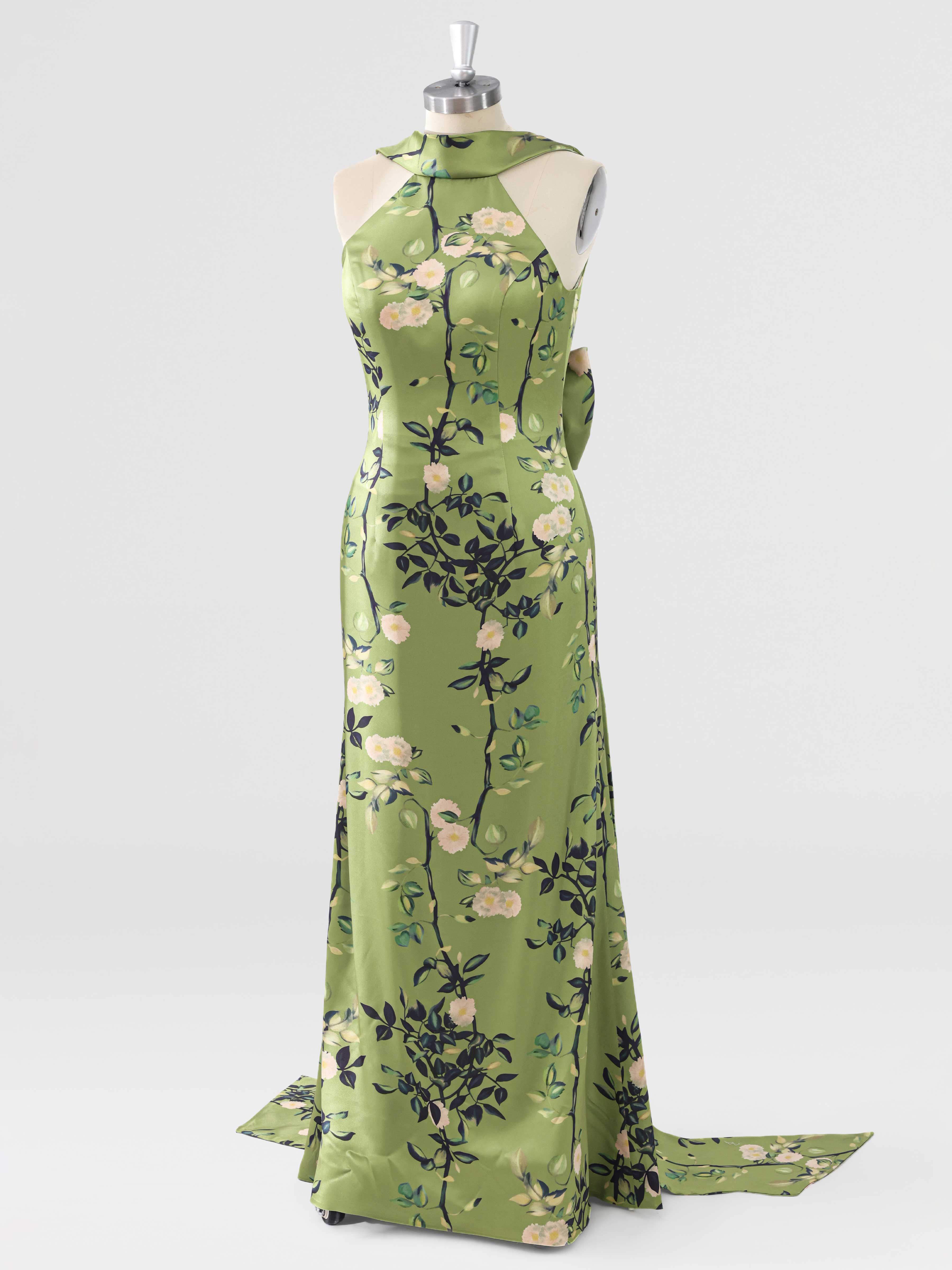 Auralie Elegant Floral Satin Halter Neck Mother of the Bride Dress with Bow Back