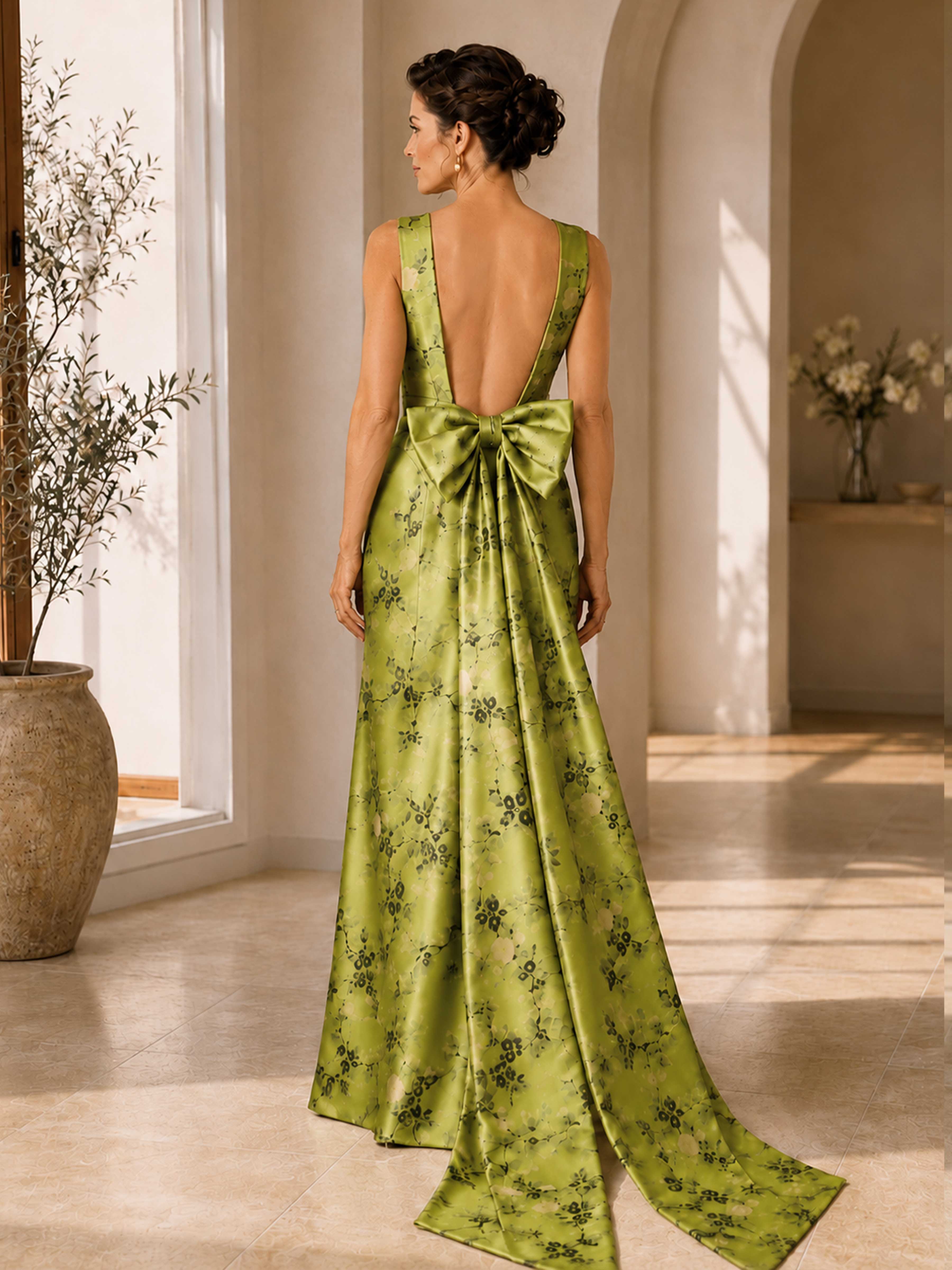 Auralie Elegant Floral Satin Halter Neck Mother of the Bride Dress with Bow Back