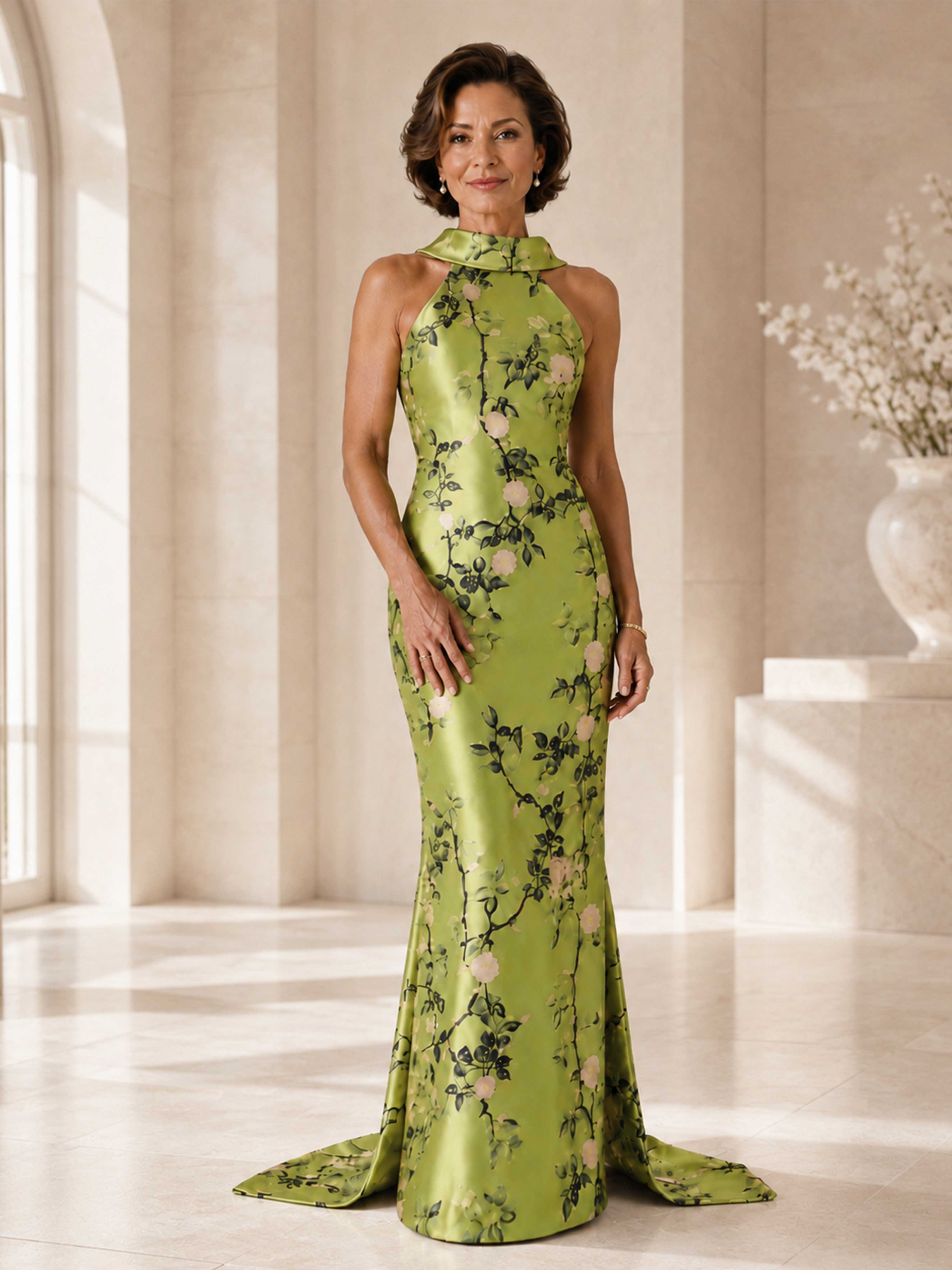 Auralie Elegant Floral Satin Halter Neck Mother of the Bride Dress with Bow Back