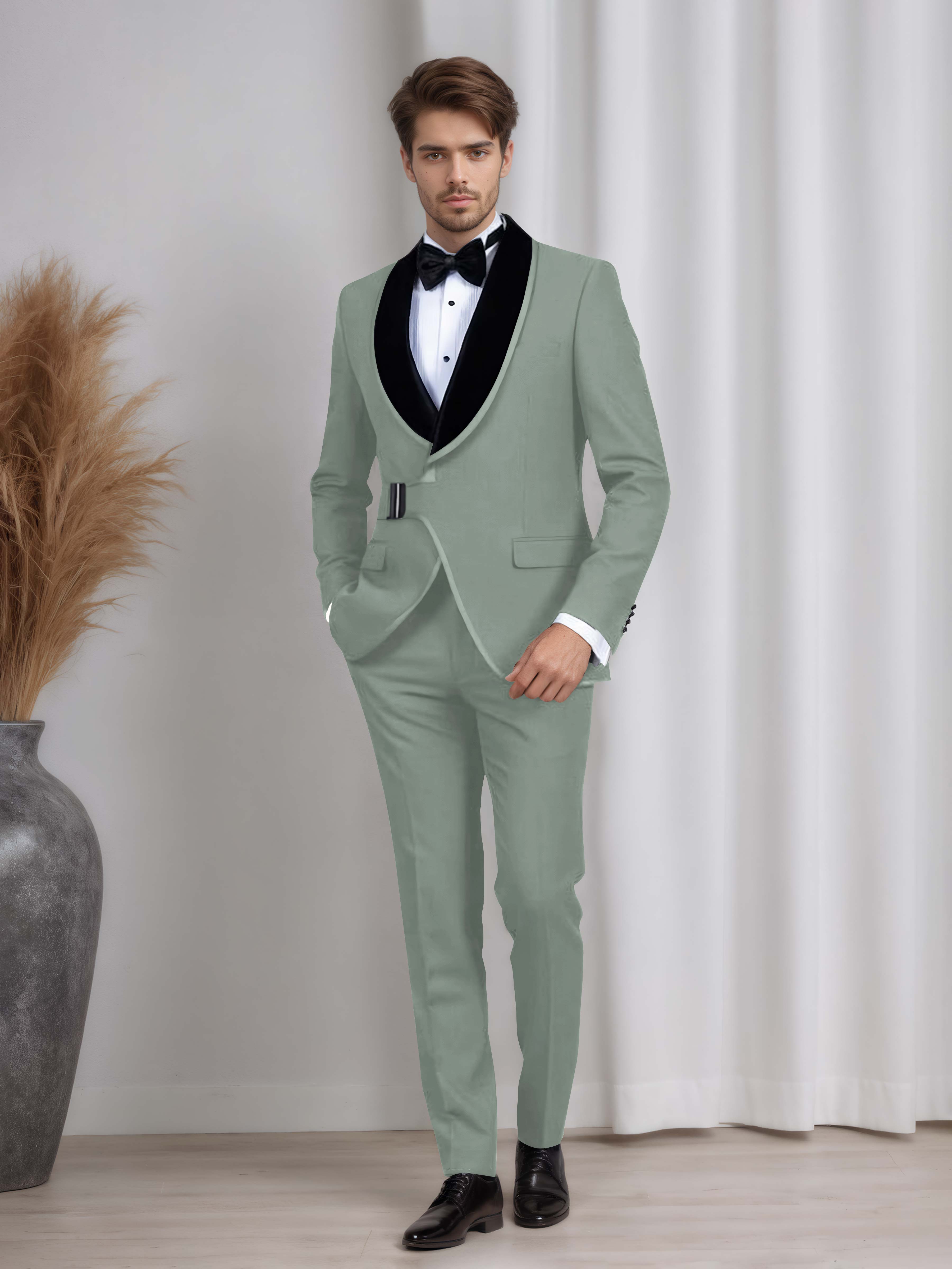 Belted Shawl Lapel Men's 2 Pieces Suit for Wedding & Evening Events