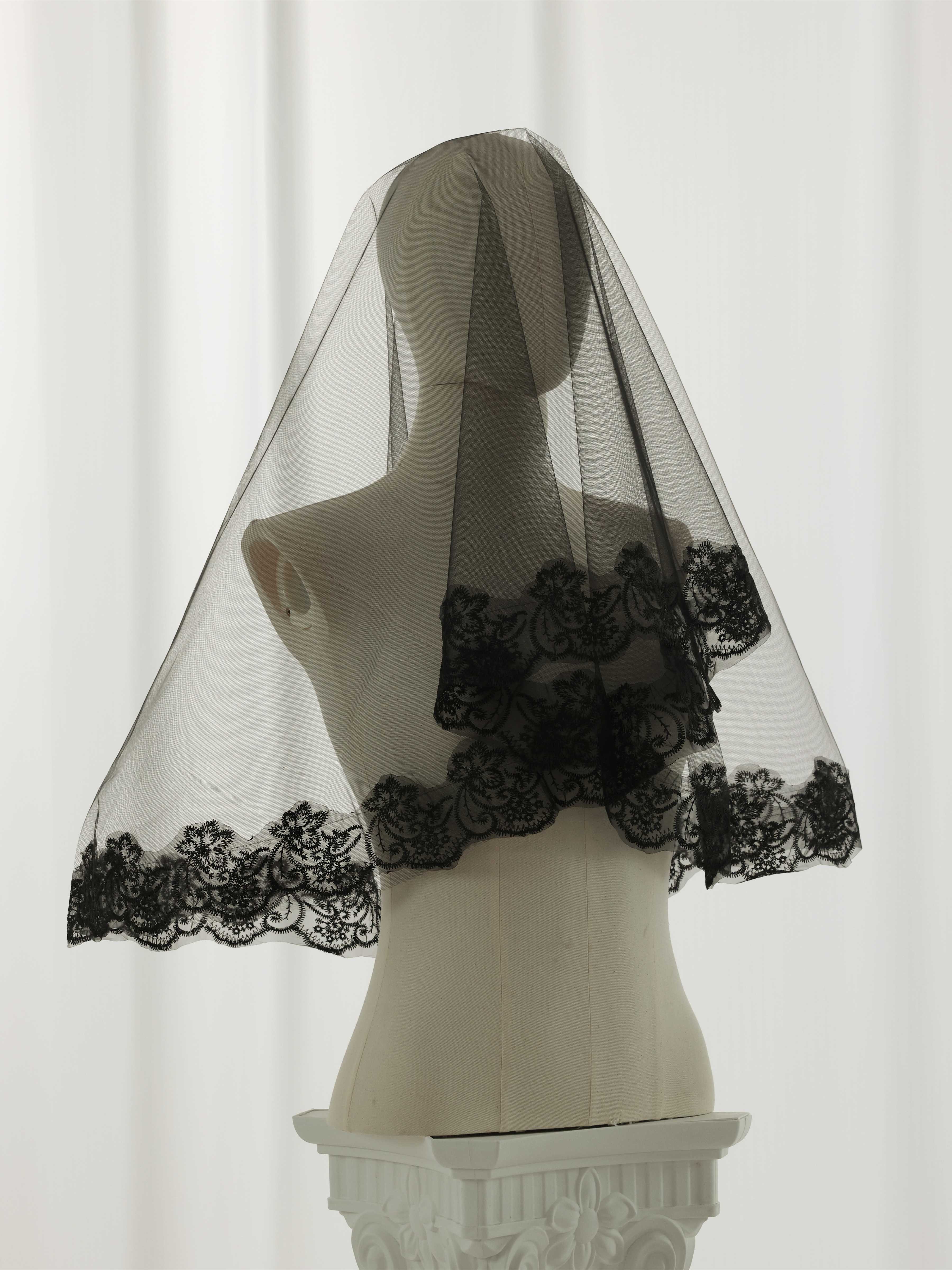 Black Lace Bridal Veil with Embroidered Edge