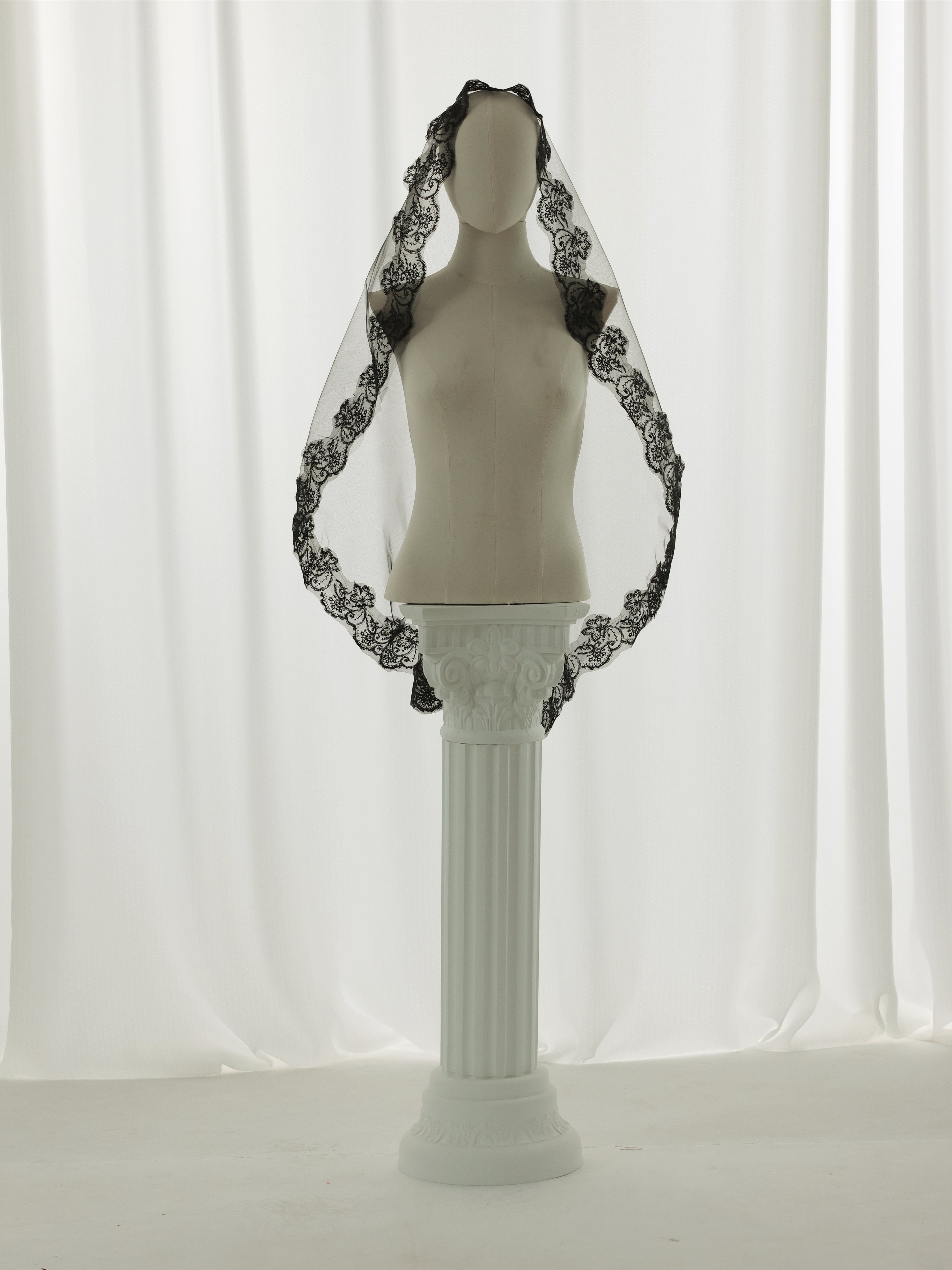 Black Lace Bridal Veil with Embroidered Edge