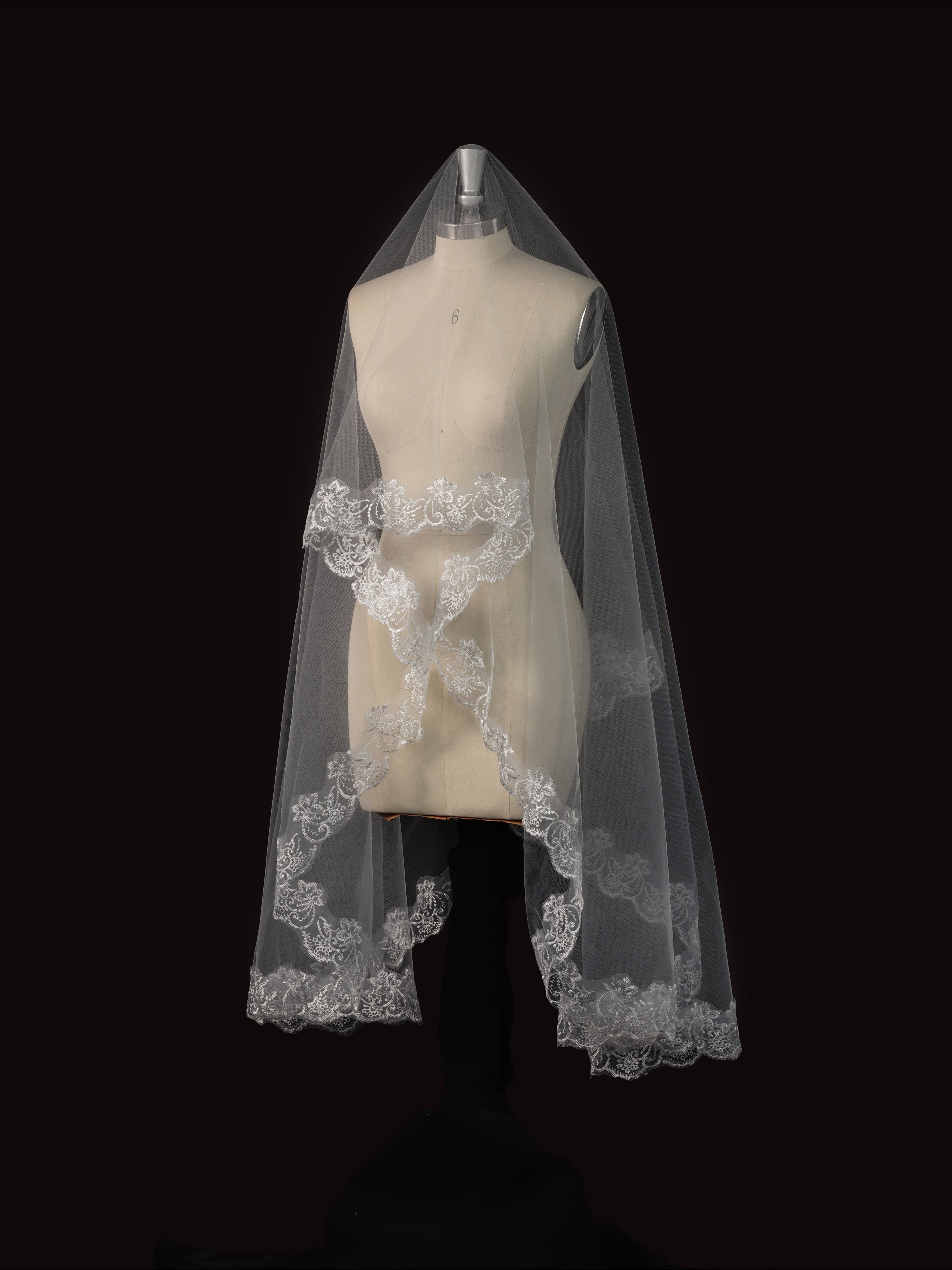 Black Lace Bridal Veil with Floral Edge