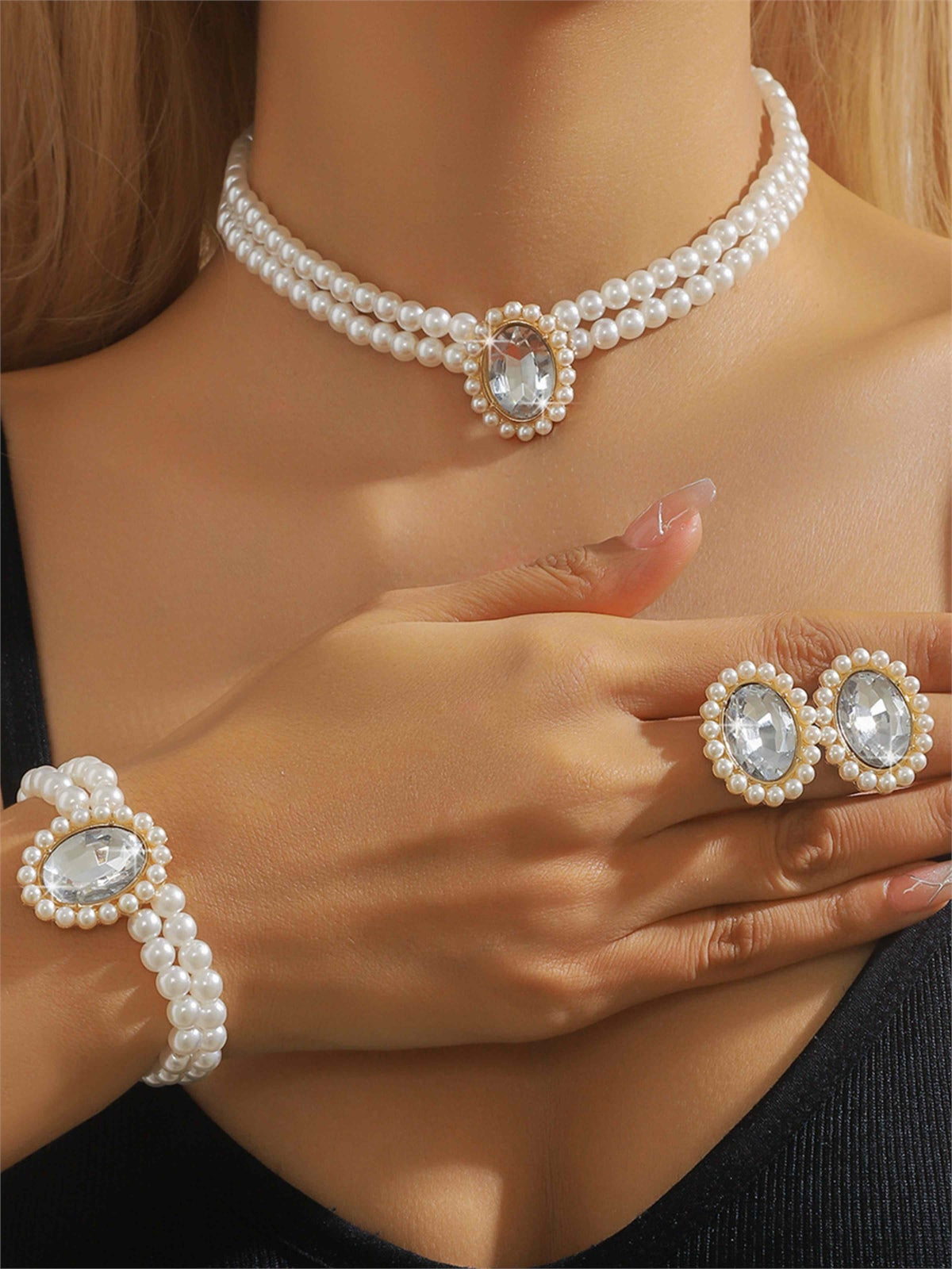 Black Pearl Crystal Formal Jewelry Set