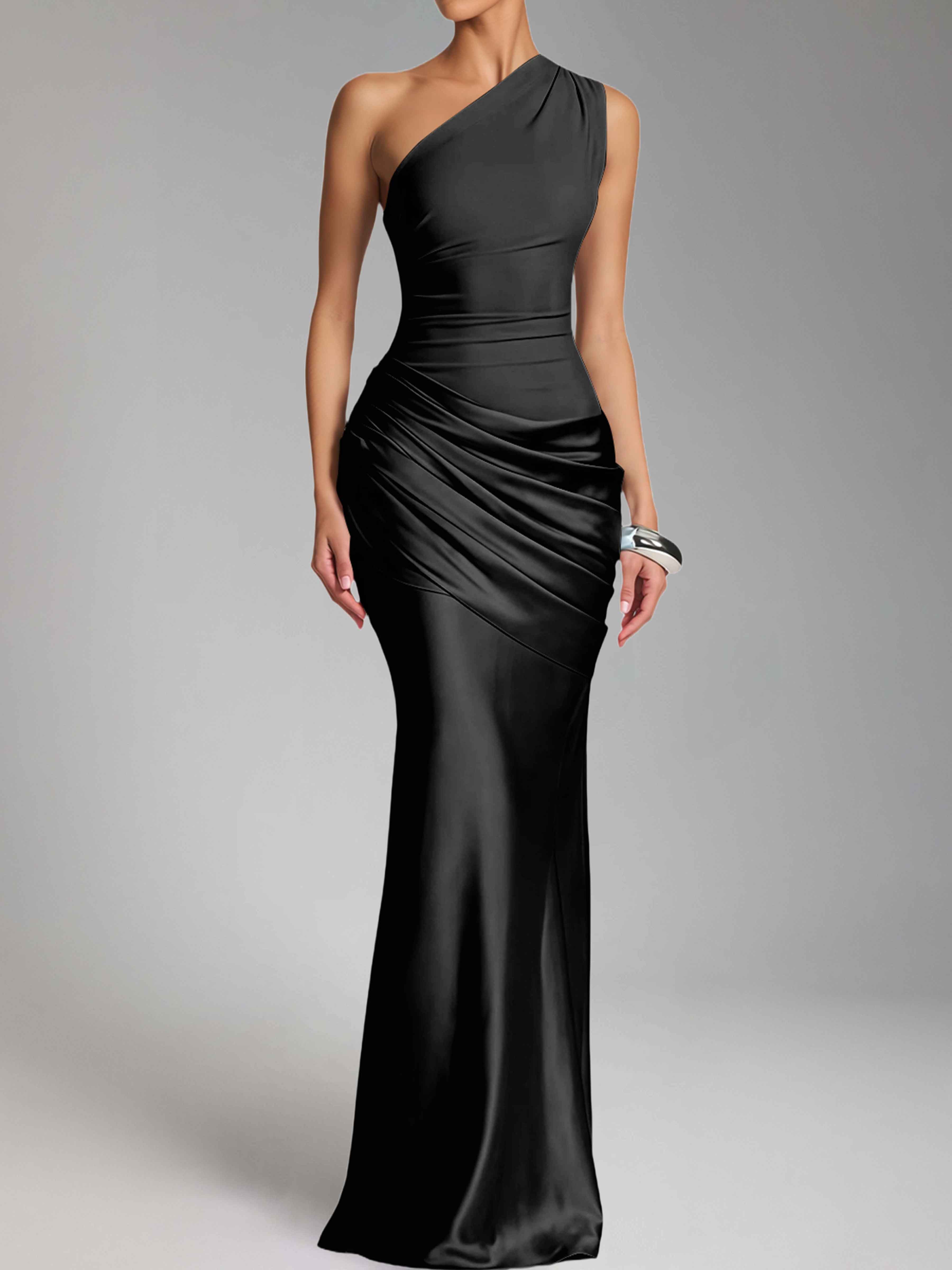 Jaelithra Gorgeous One Shoulder Pleated Satin Long Prom Dresses
