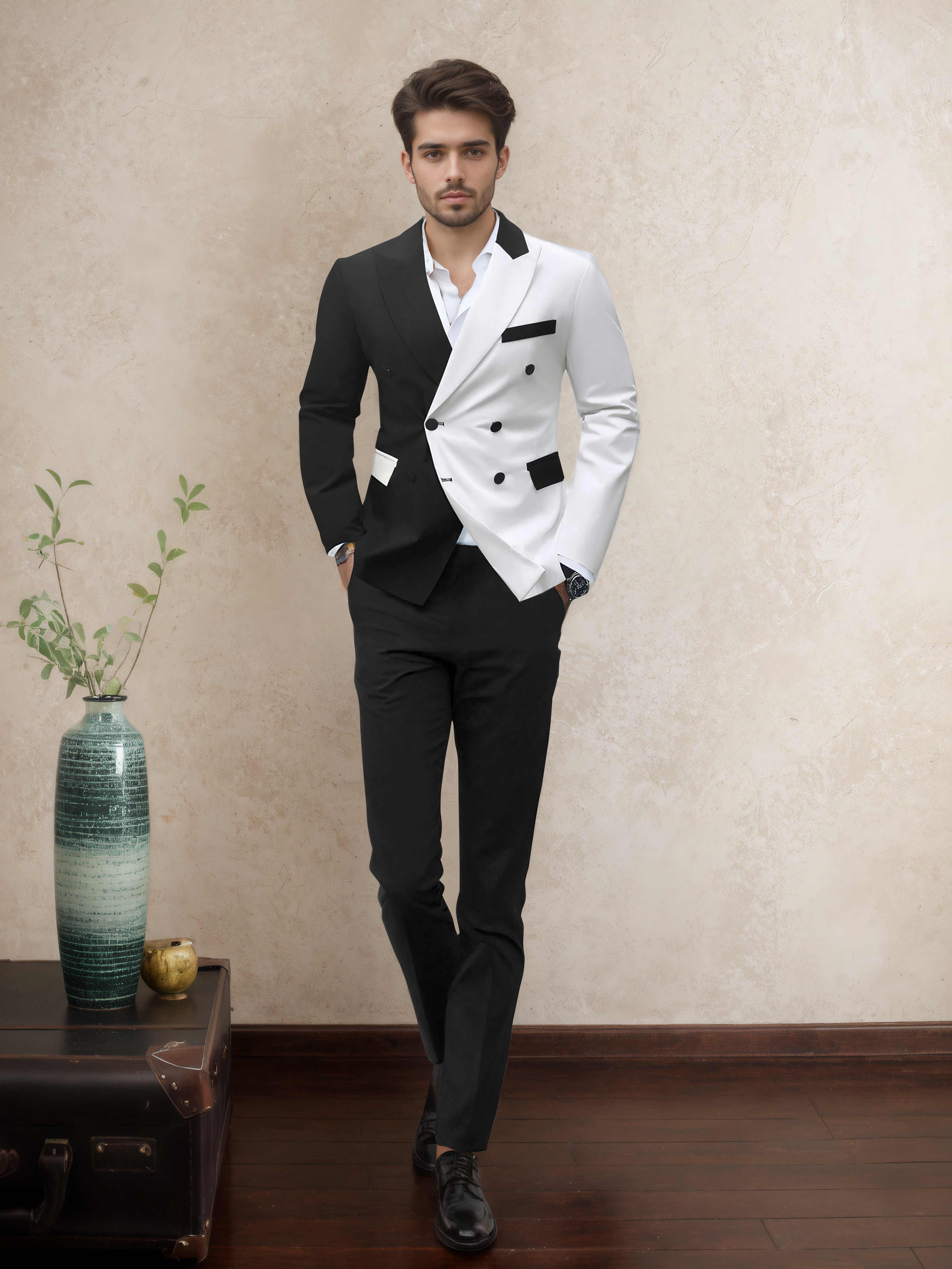 Refined 2 Pieces Men’s Evening Suit Tailored Fit Double Breasted Peak Lapel Contrast