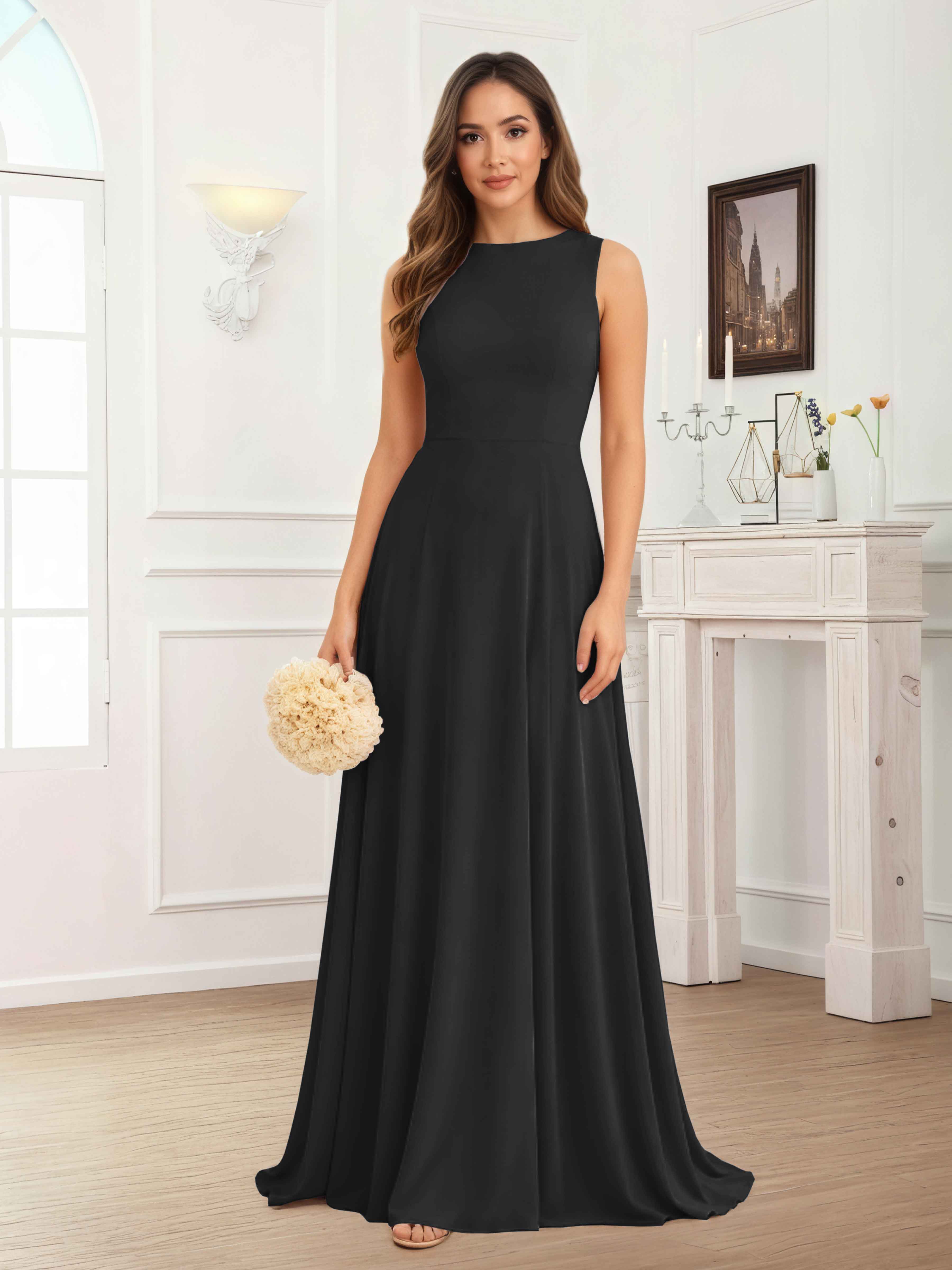 Fraelithra Modest Scoop A-Line Sleeveless Long Bridesmaid Dresses