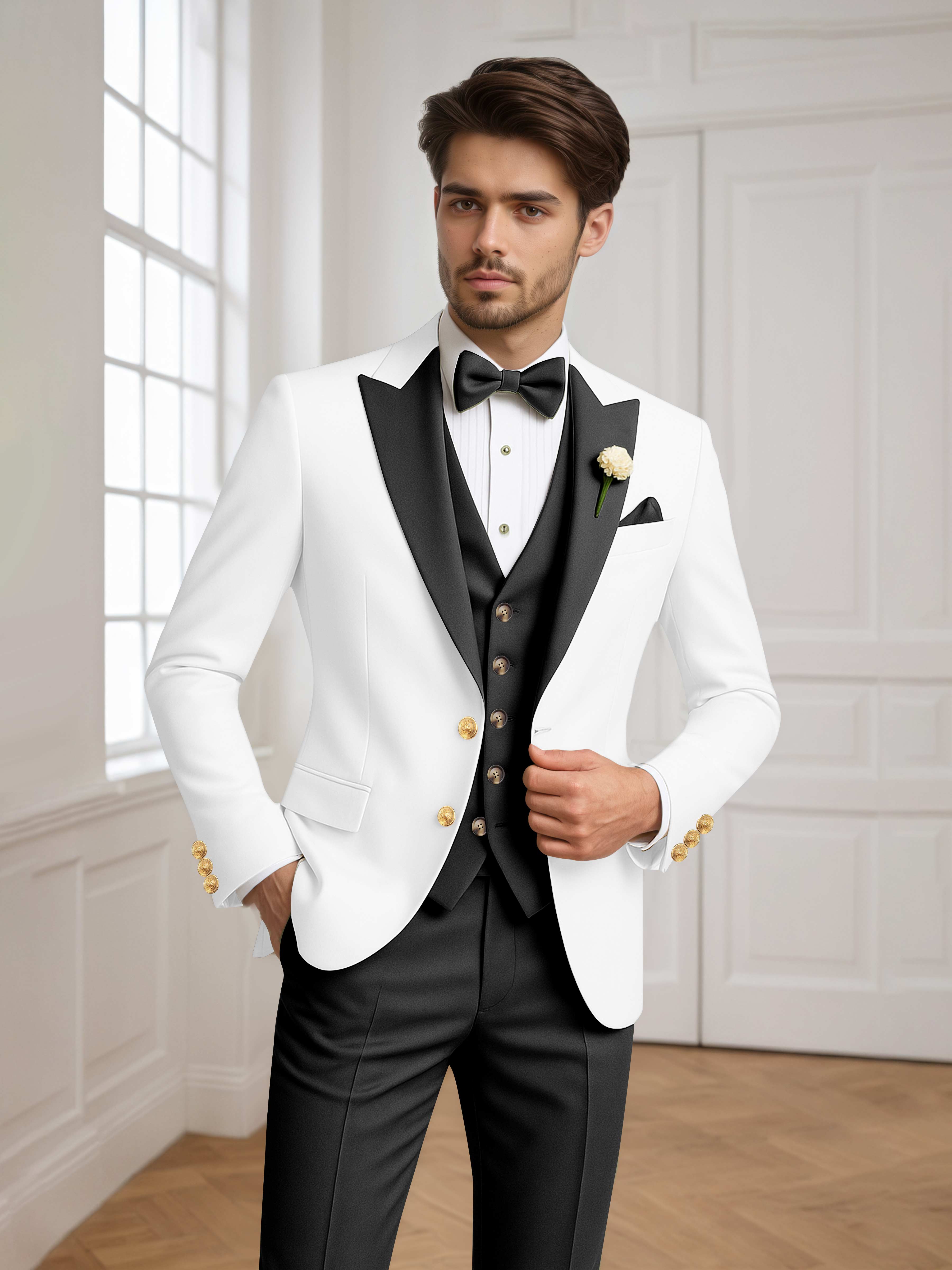 Color Block Peak Lapel Men's 3 Pieces Suit for Groom Wedding & Prom