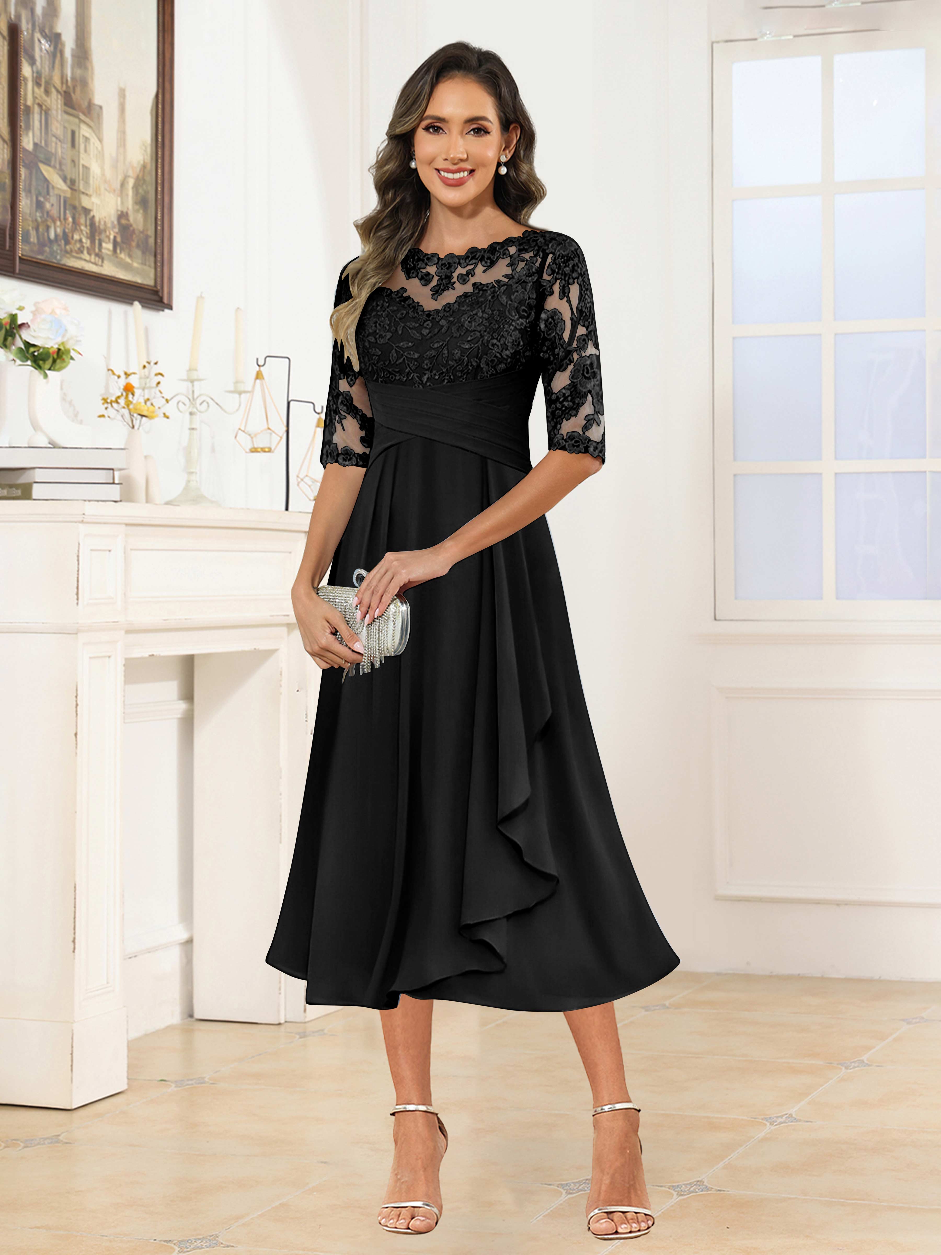 Traelithra Charming Illusion Ruffles Lace Tea Length Chiffon Mother of the Bride Dresses
