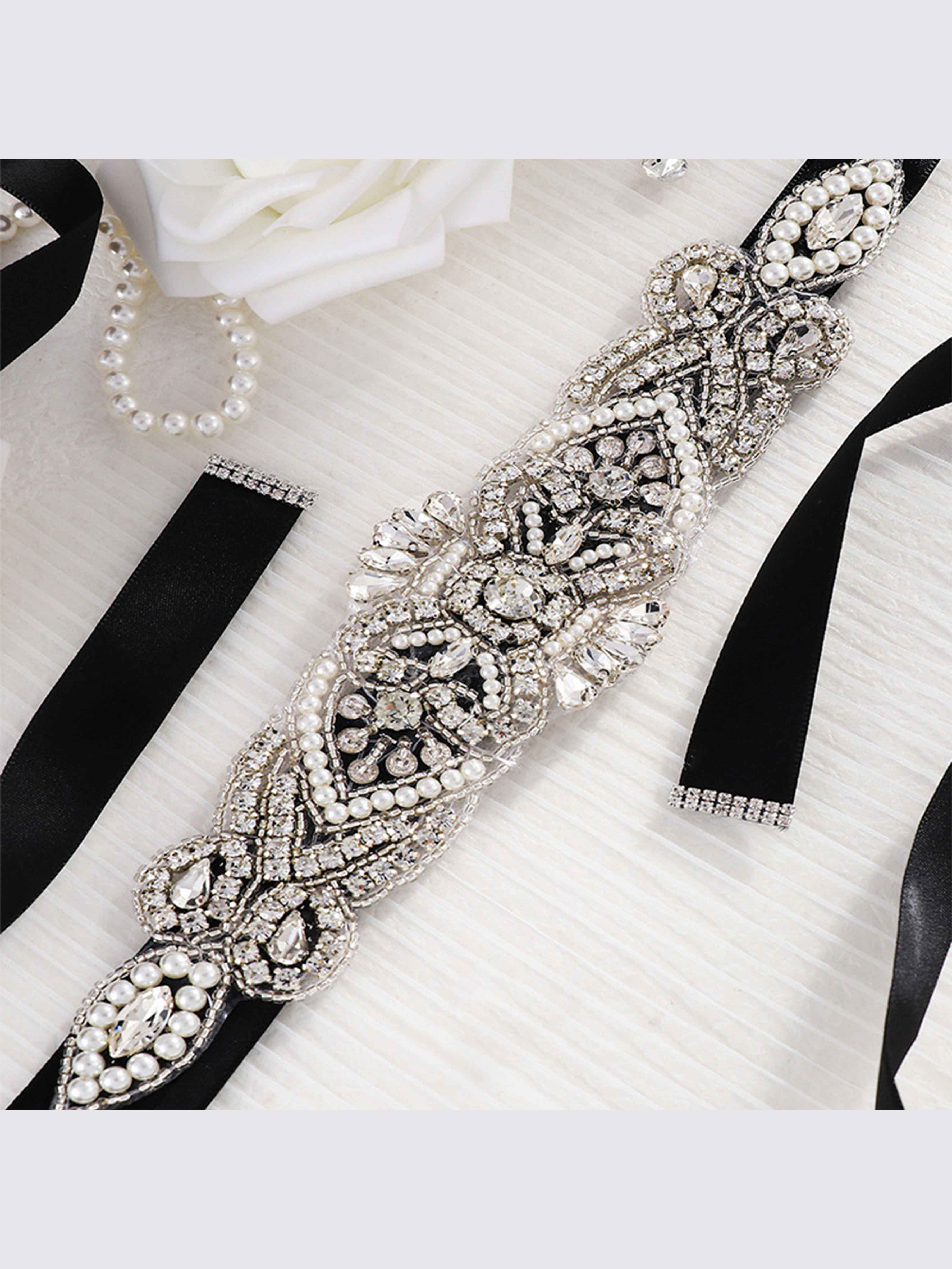 Vintage Crystal Pearl Waistband, Luxurious Ribbon Sash Belt