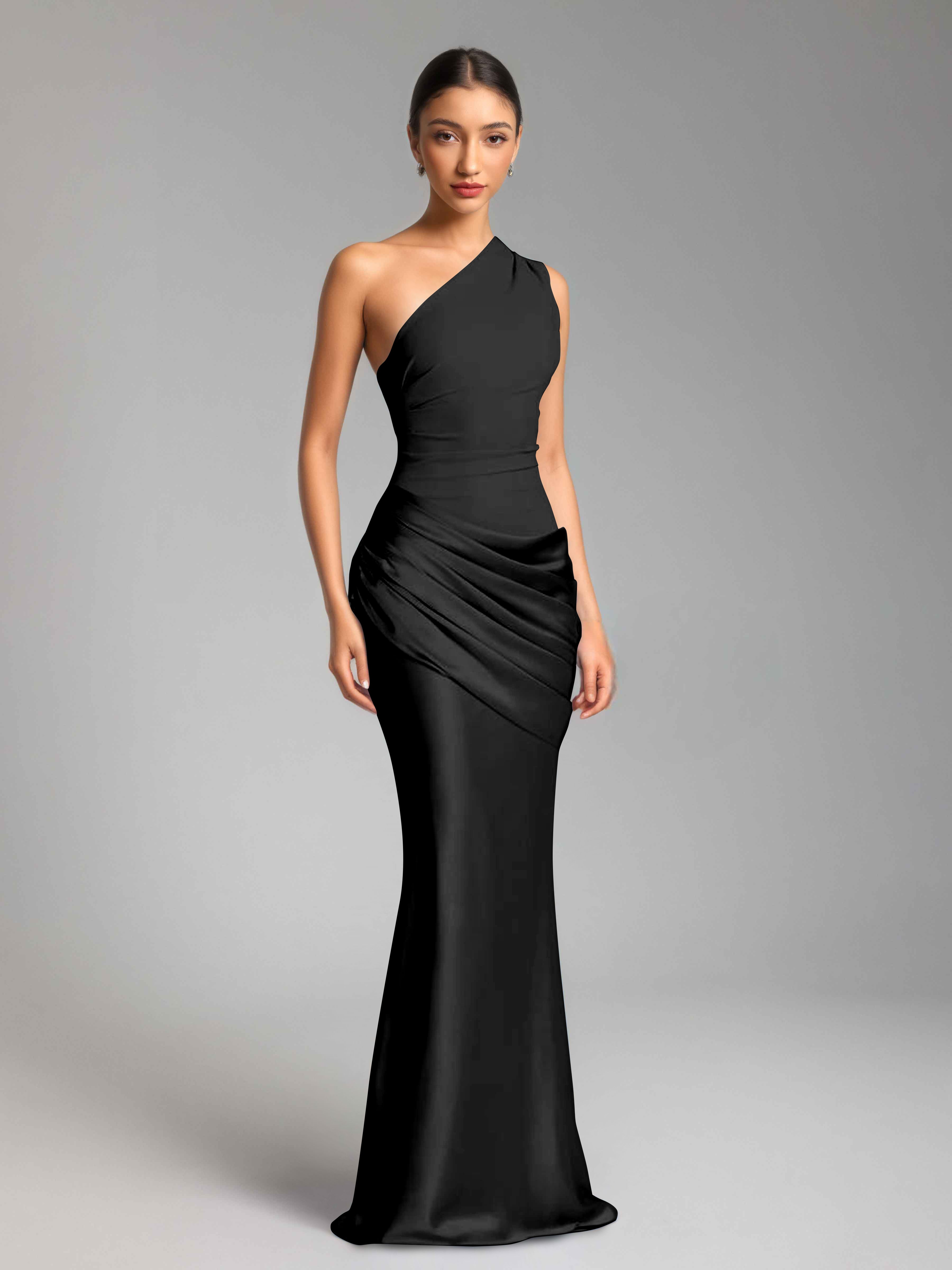 Jaelithra Gorgeous One Shoulder Pleated Satin Long Prom Dresses