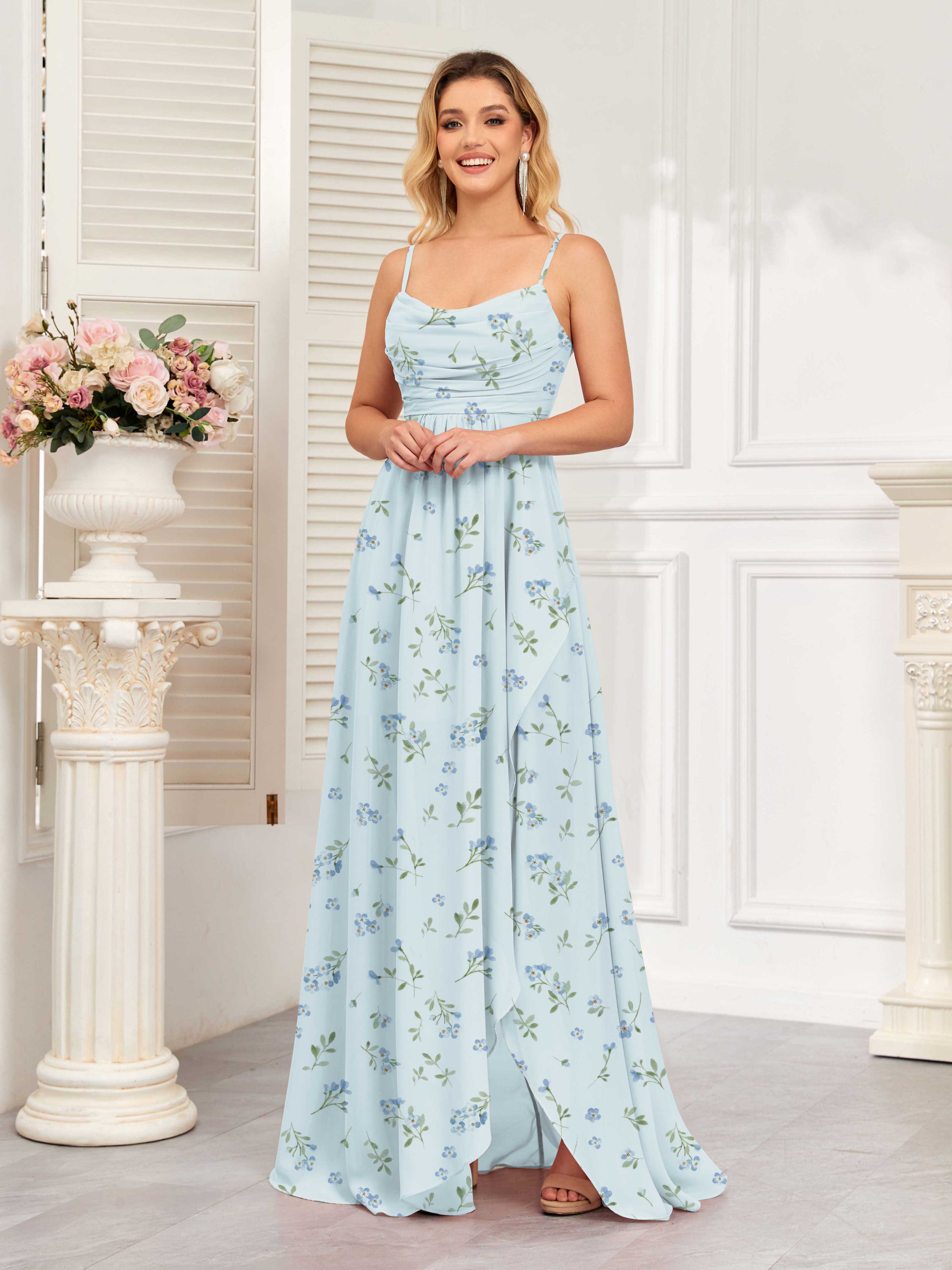 Blue Floral A-Line Cowl Sleeveless Slit Long Chiffon Bridesmaid Dresses