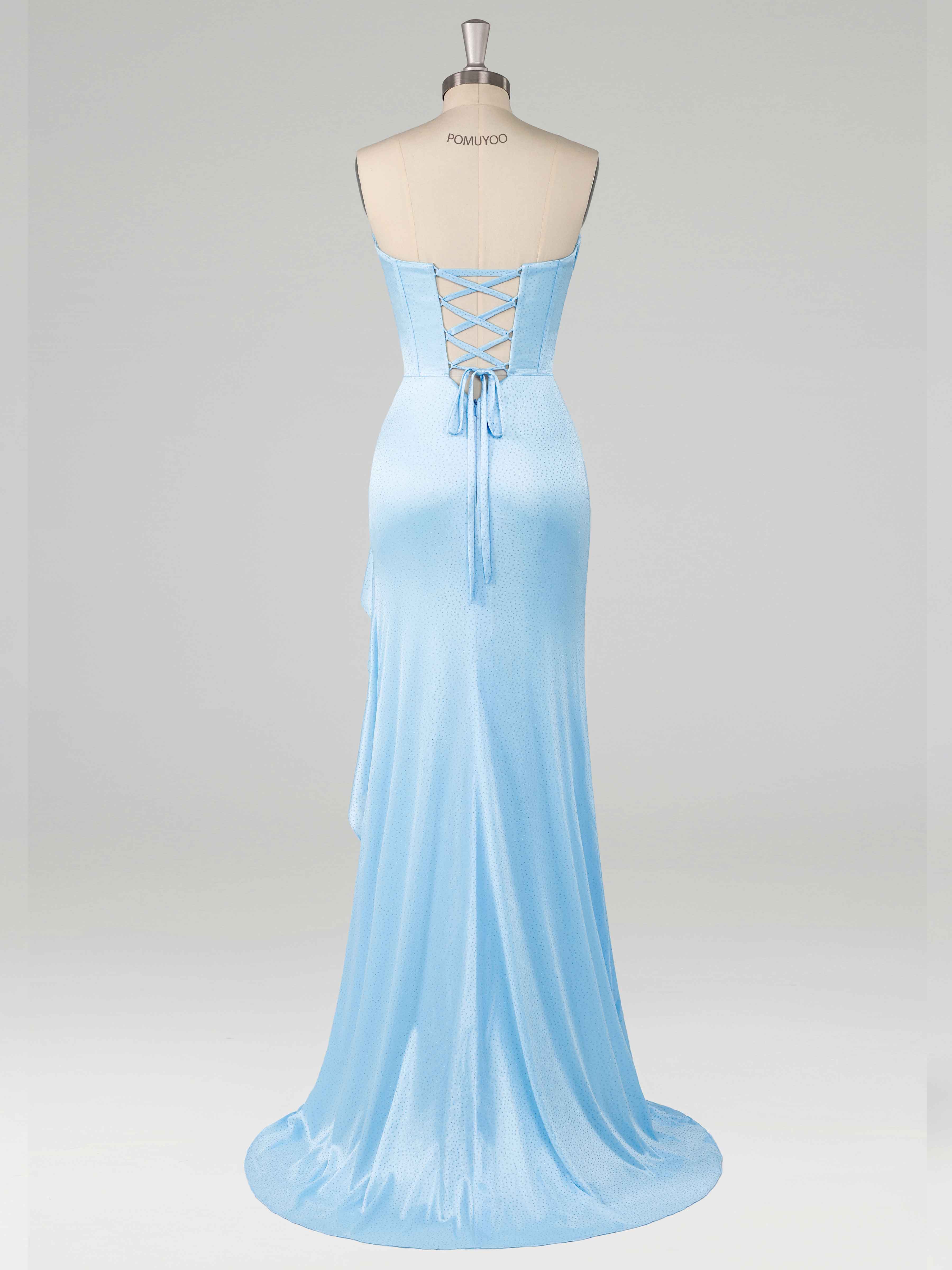 Blue Sparkly Mermaid Ruffles Slit Sweep Train Satin Prom Dresses