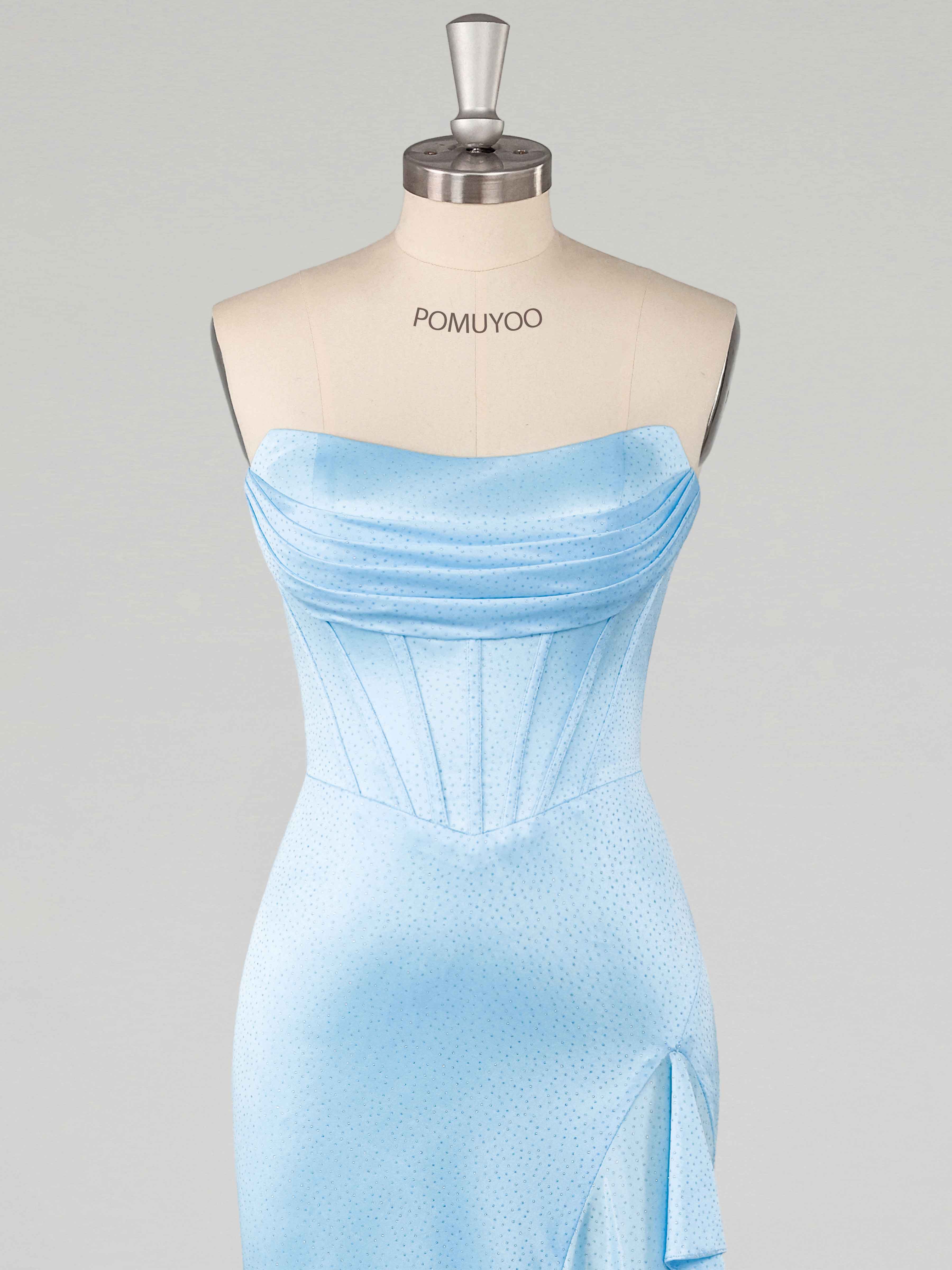 Blue Sparkly Mermaid Ruffles Slit Sweep Train Satin Prom Dresses