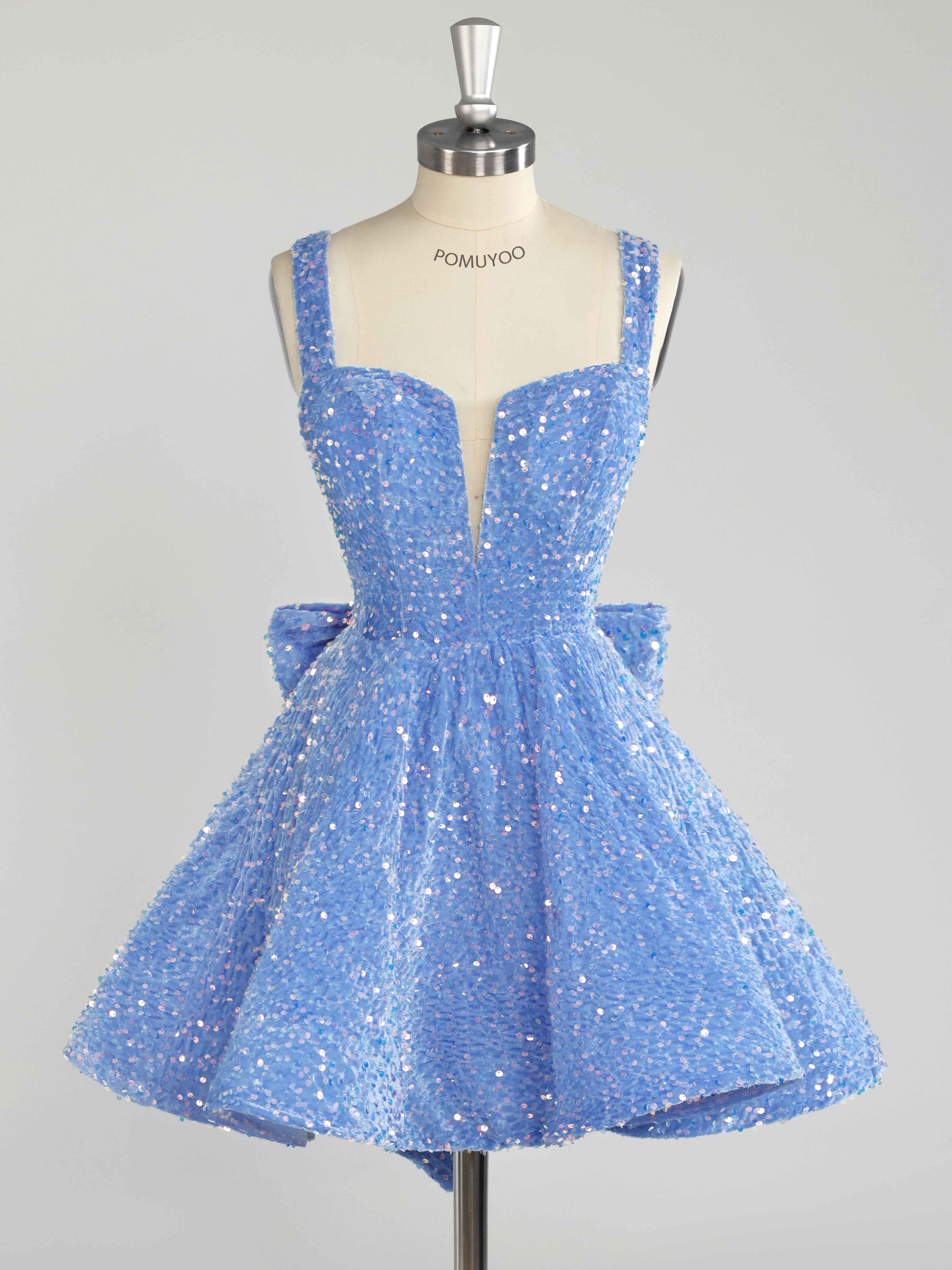 Blue A-Line Sparkly Sequin Short Homeocming Dresses With Bow