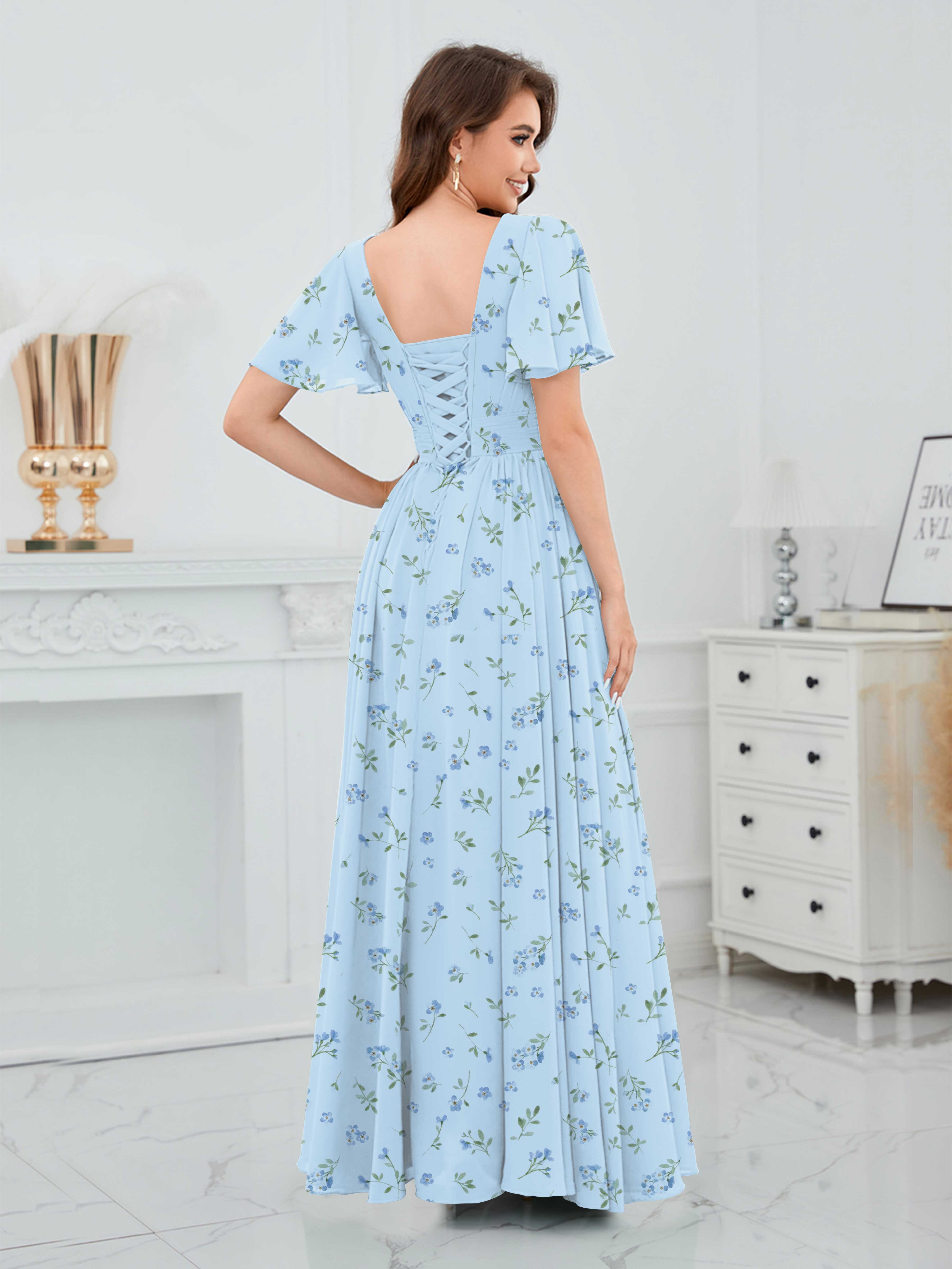 Blue Floral V Neck Short Sleeves Slit Long Chiffon Bridesmaid Dresses