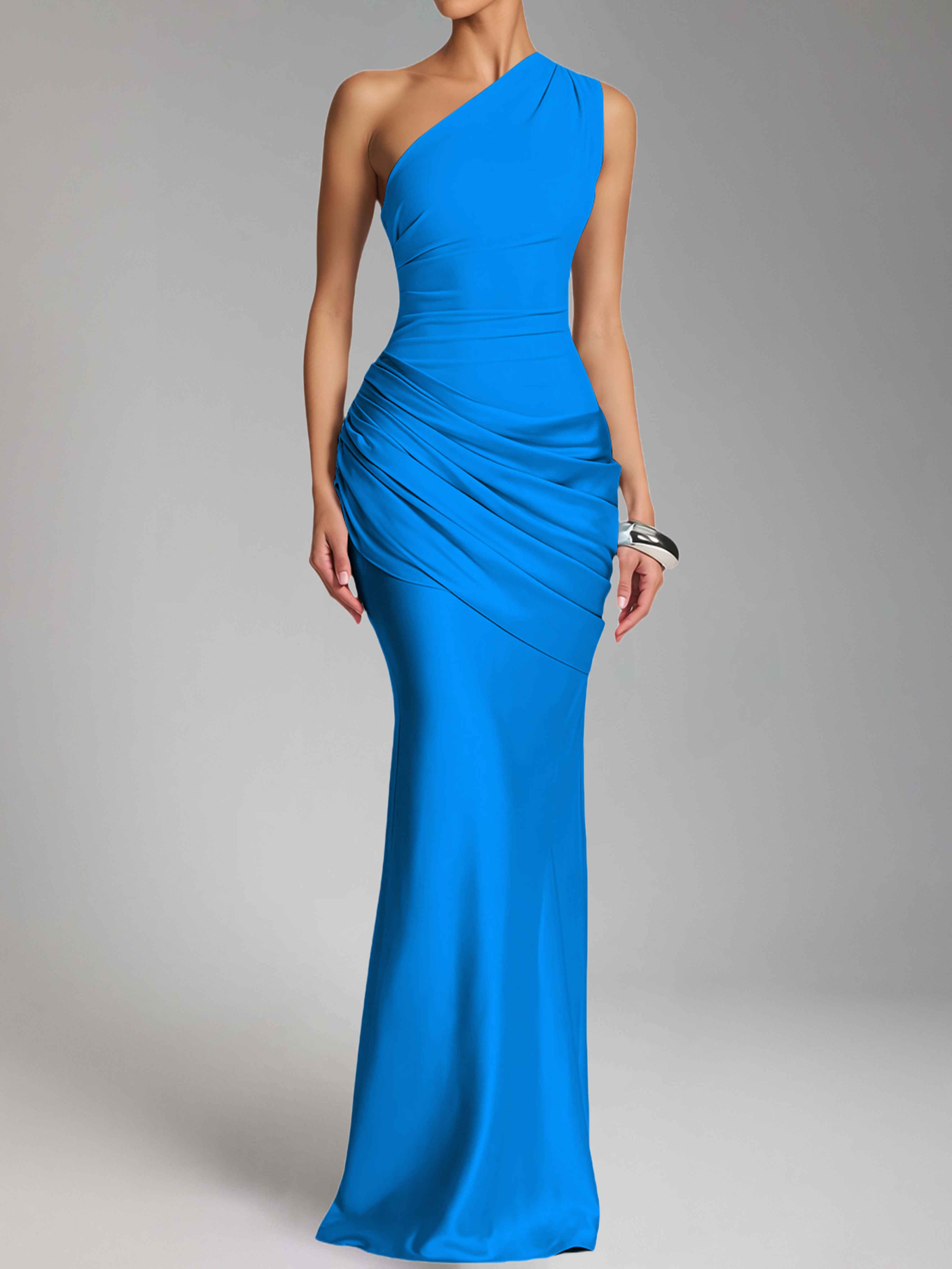 Jaelithra Gorgeous One Shoulder Pleated Satin Long Prom Dresses