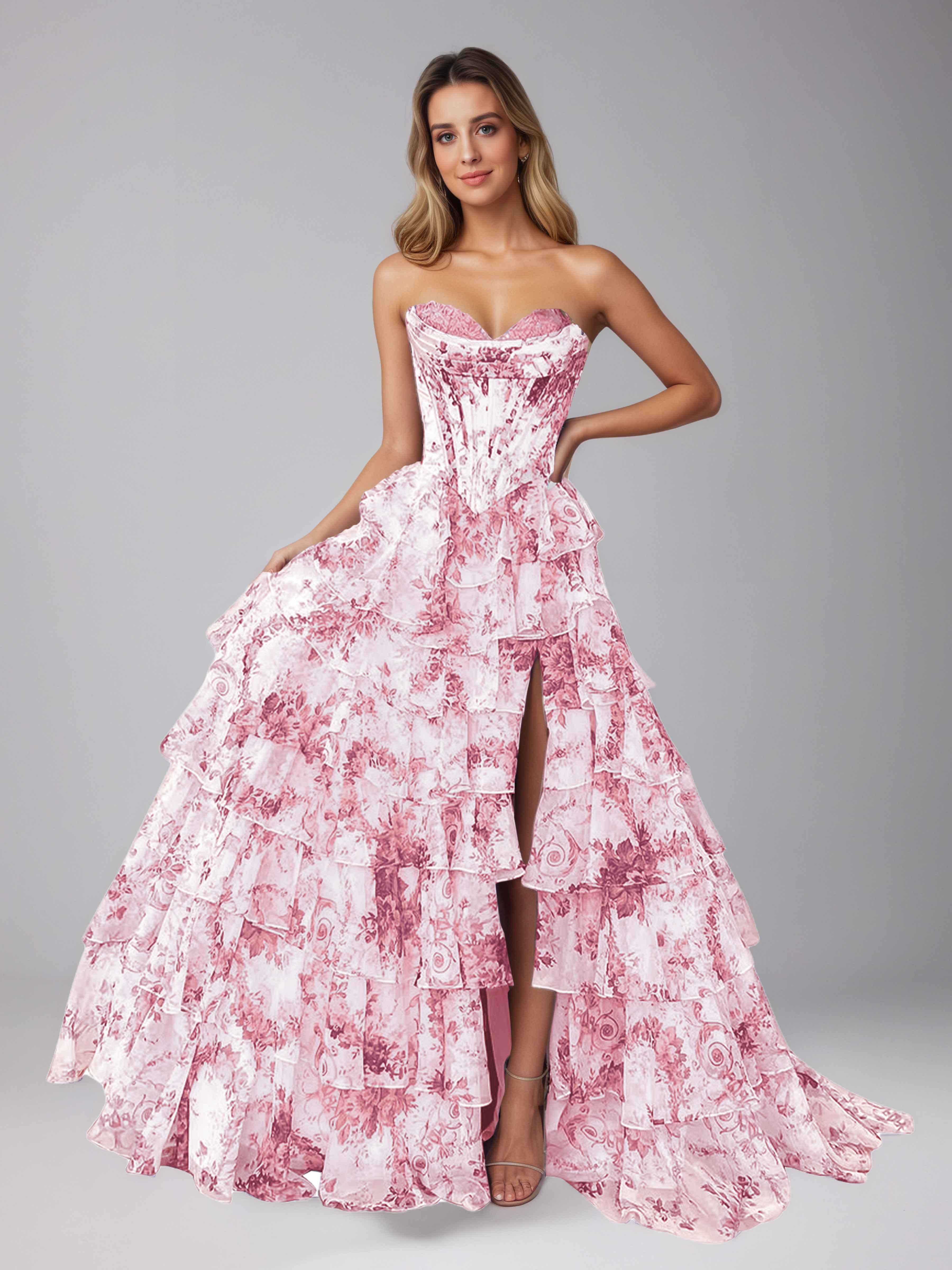 Graelara Glamorous Sweetheart Cascading Ruffles Corset Floral Tiered Prom Dresses