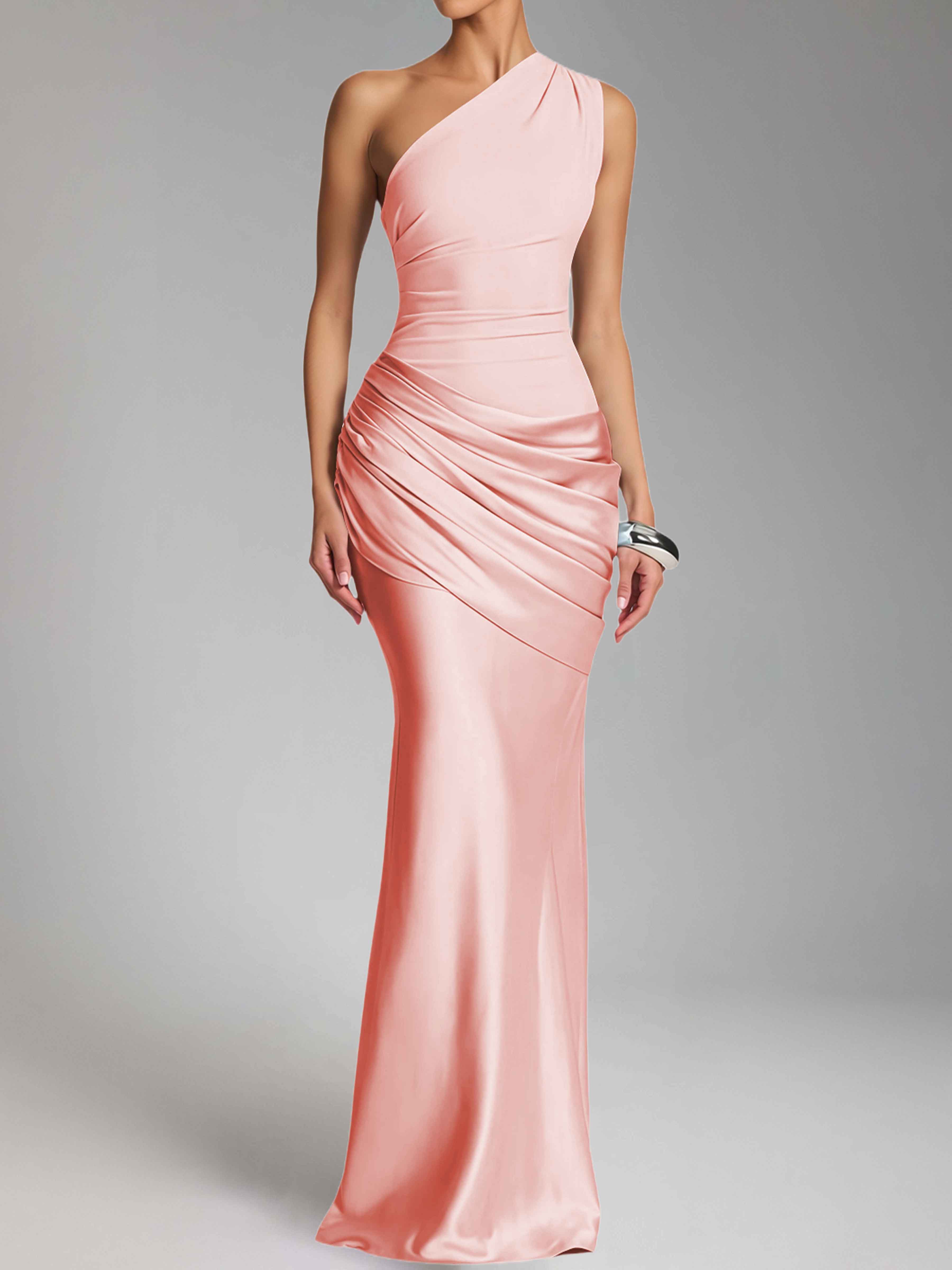 Jaelithra Gorgeous One Shoulder Pleated Satin Long Prom Dresses