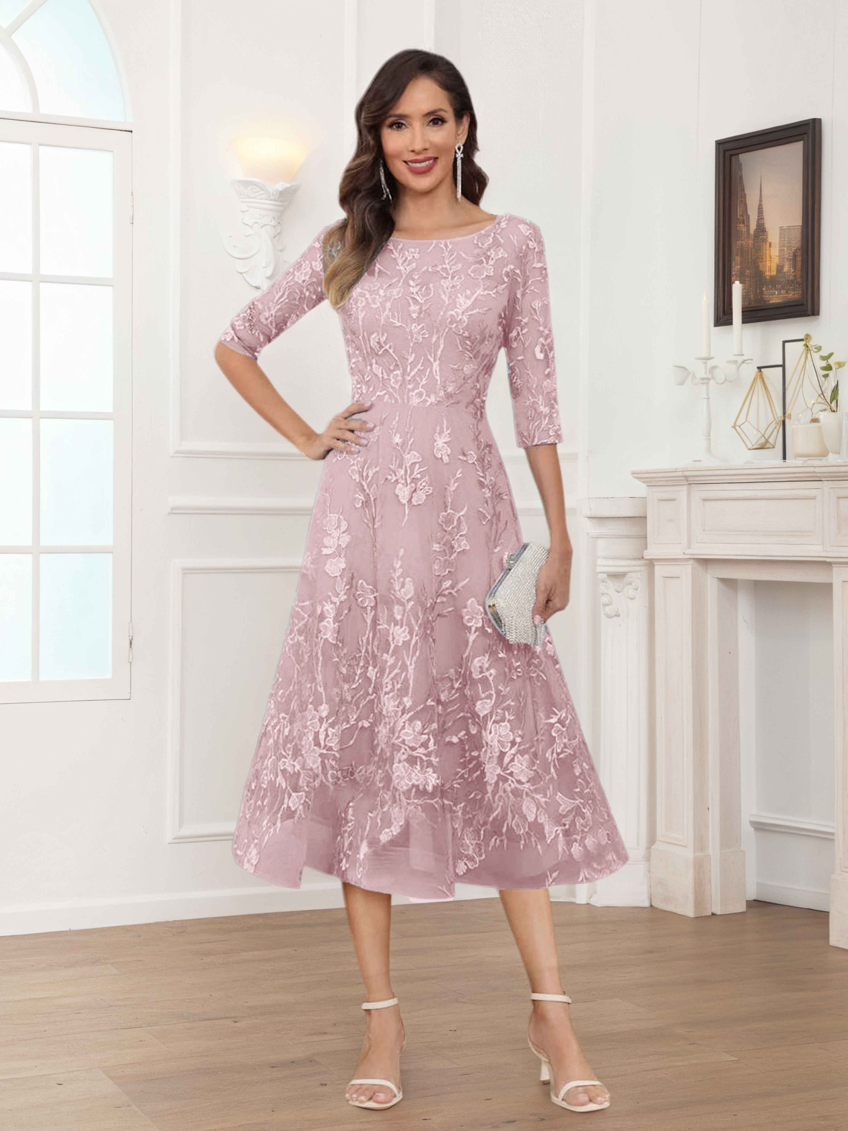 Pax Exquisite A-Line Illusion Lace Tea Length Mother of The Bride Dresses