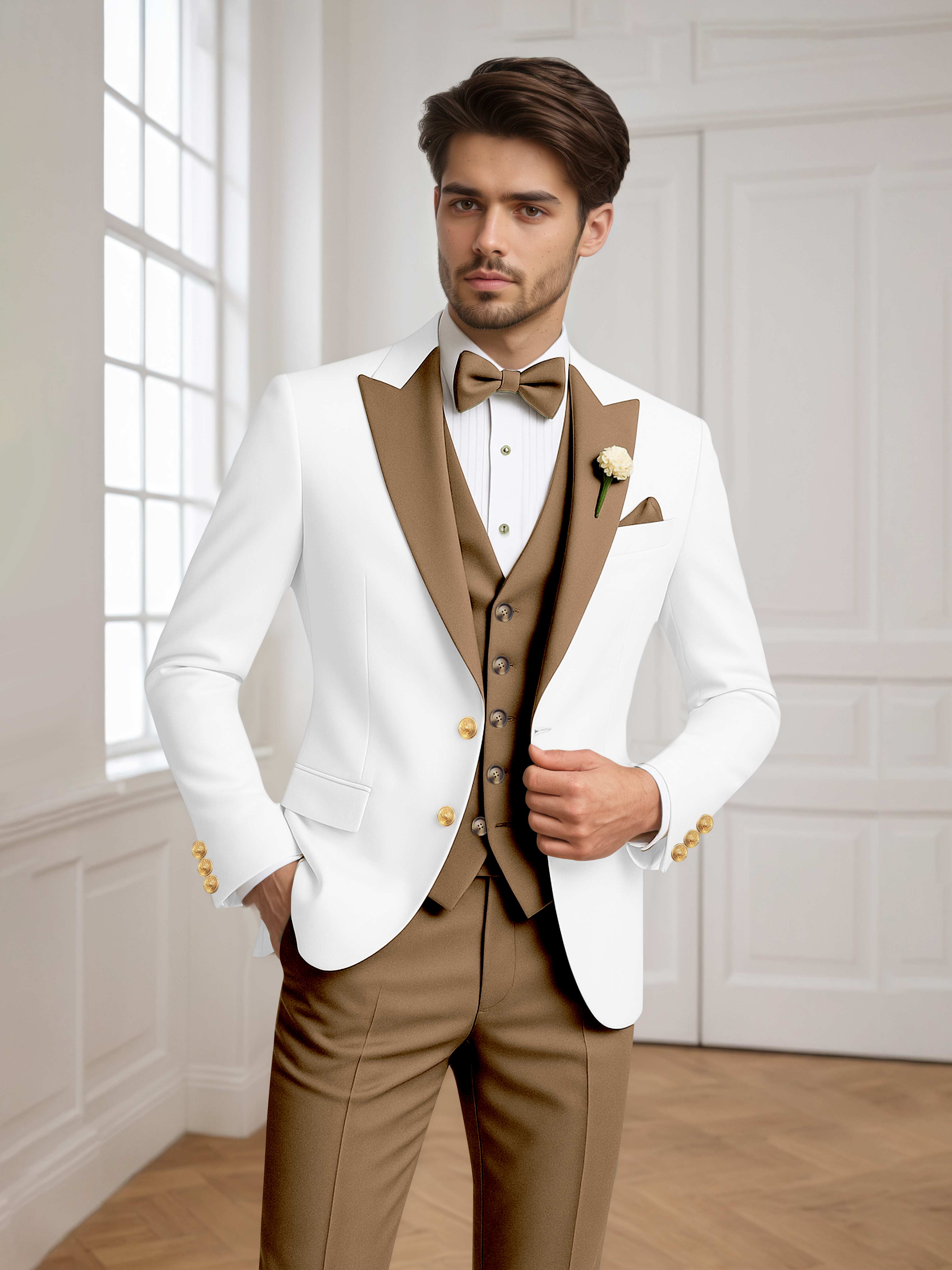Color Block Peak Lapel Men's 3 Pieces Suit for Groom Wedding & Prom