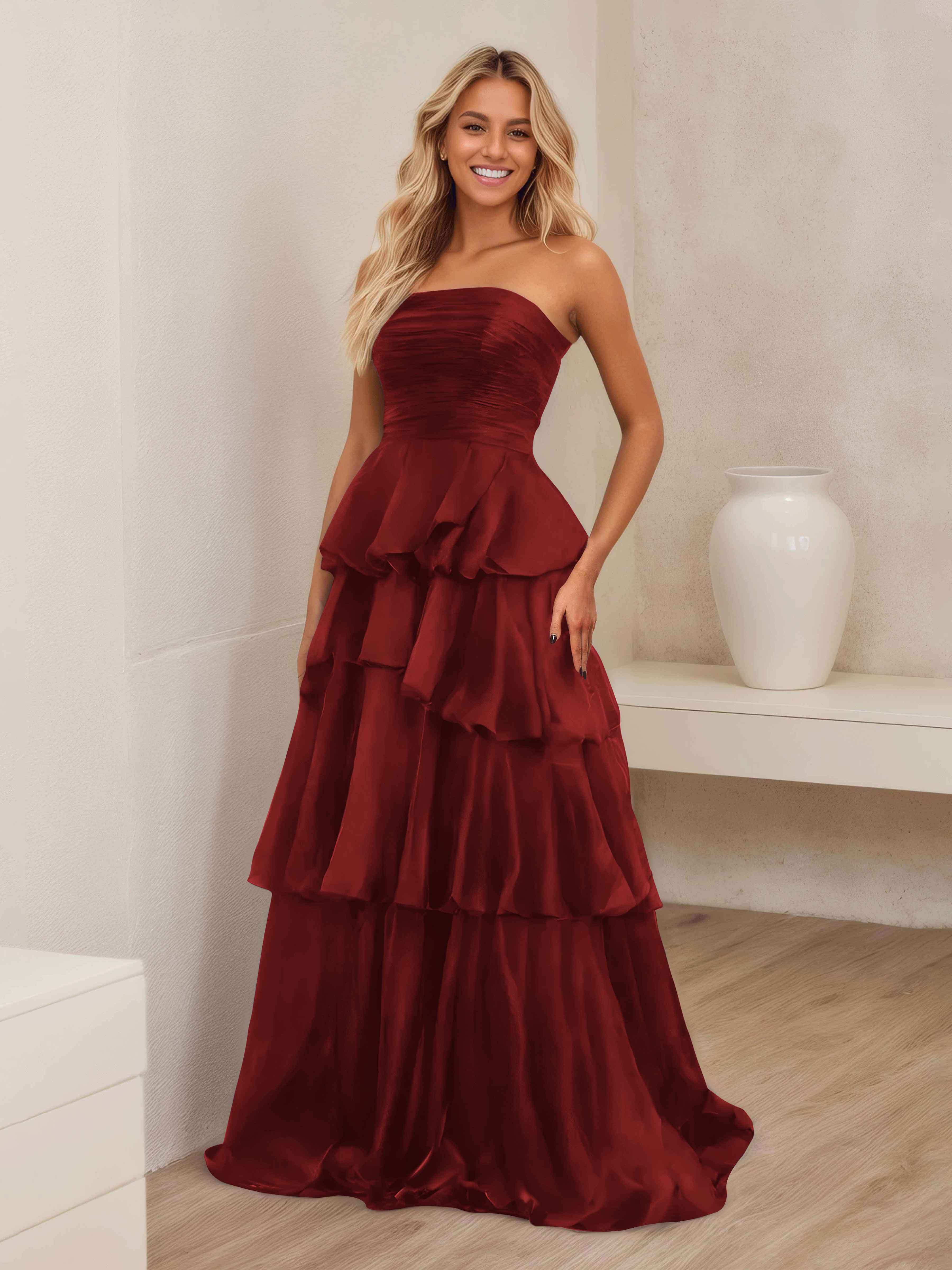 Ellianna Stunning A-Line Strapless Ruched Tiered Floor Length Satin Formal Dresses