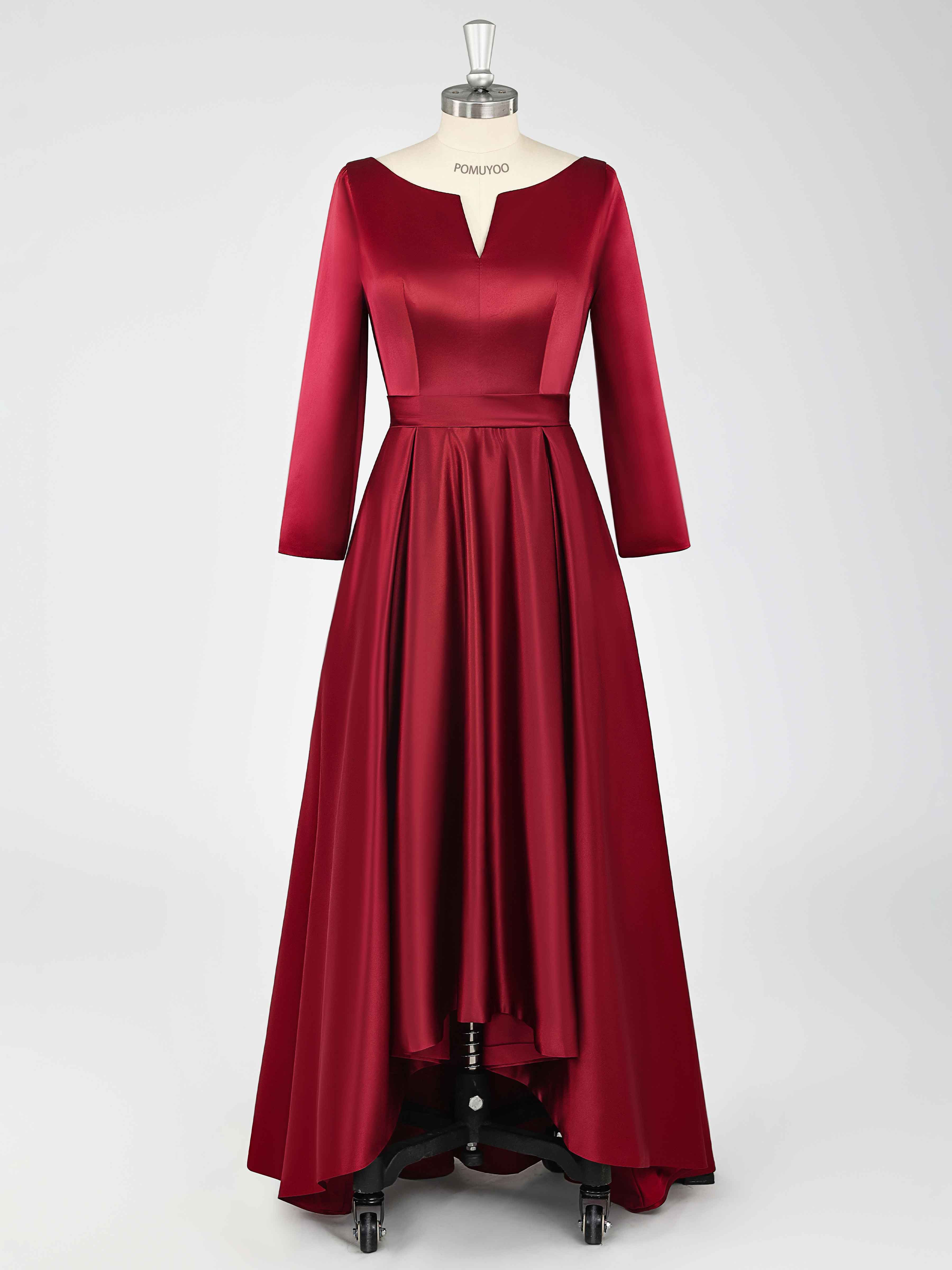 Burgundy A-Line Long Sleeves High Low Satin Mother Of The Bride/Groom Dresses