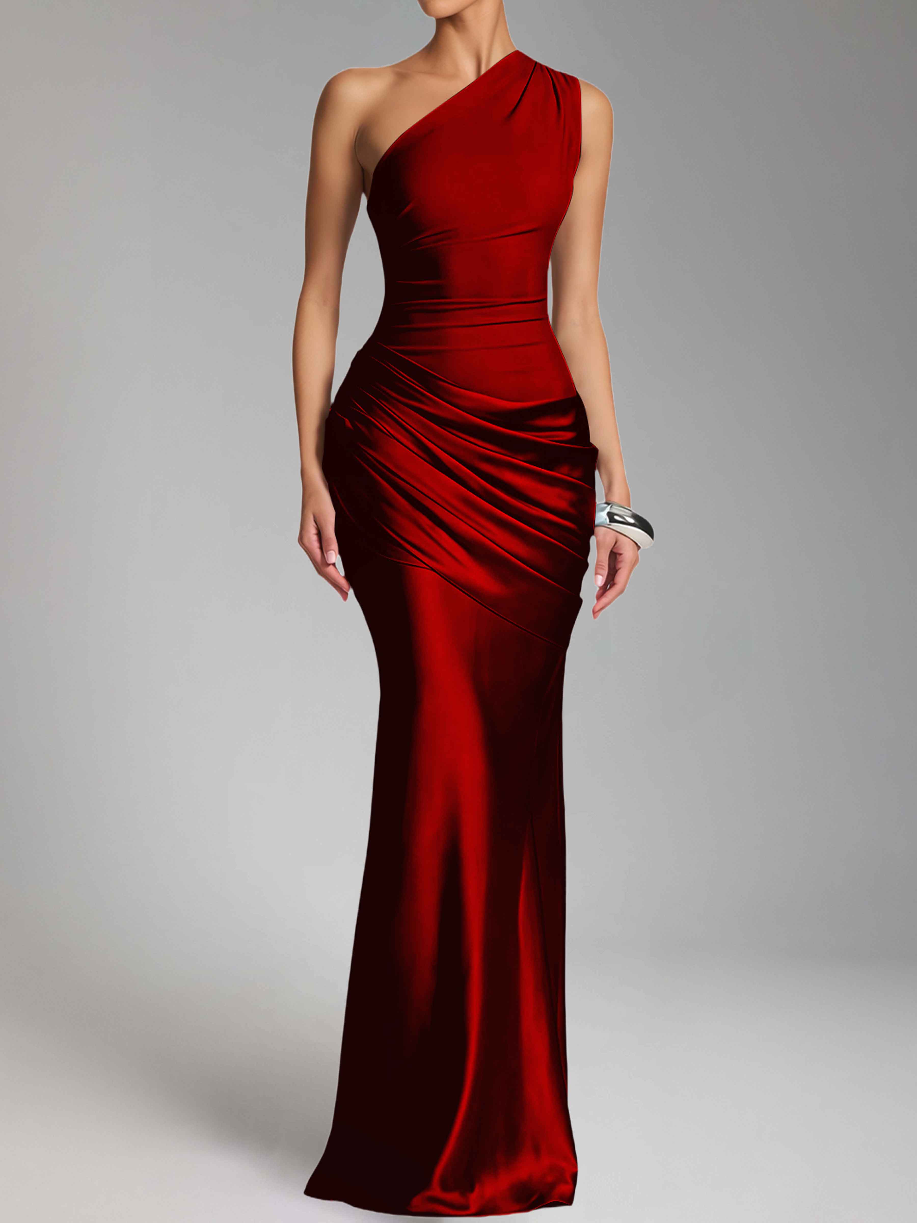 Jaelithra Gorgeous One Shoulder Pleated Satin Long Prom Dresses