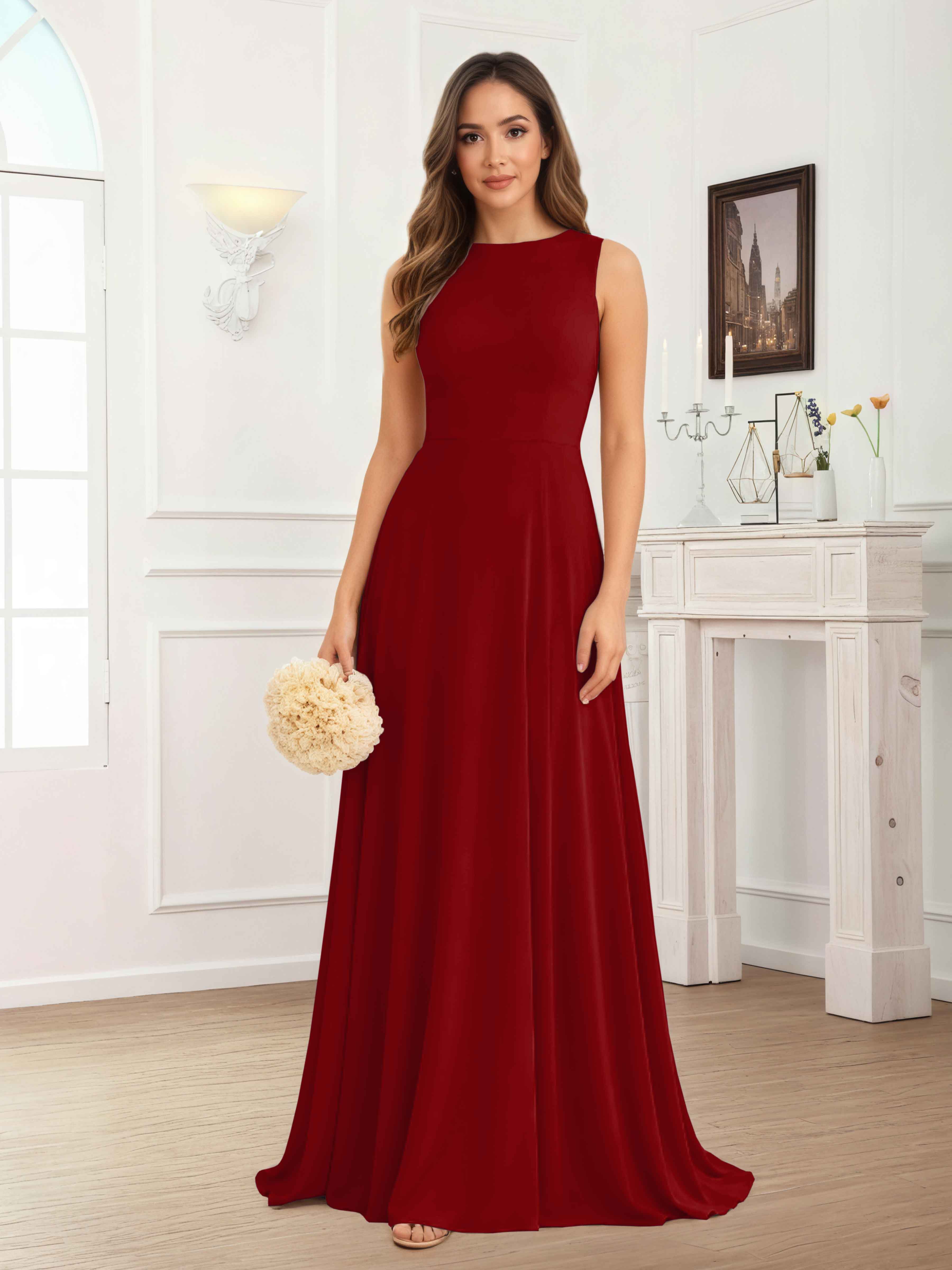 Fraelithra Modest Scoop A-Line Sleeveless Long Bridesmaid Dresses
