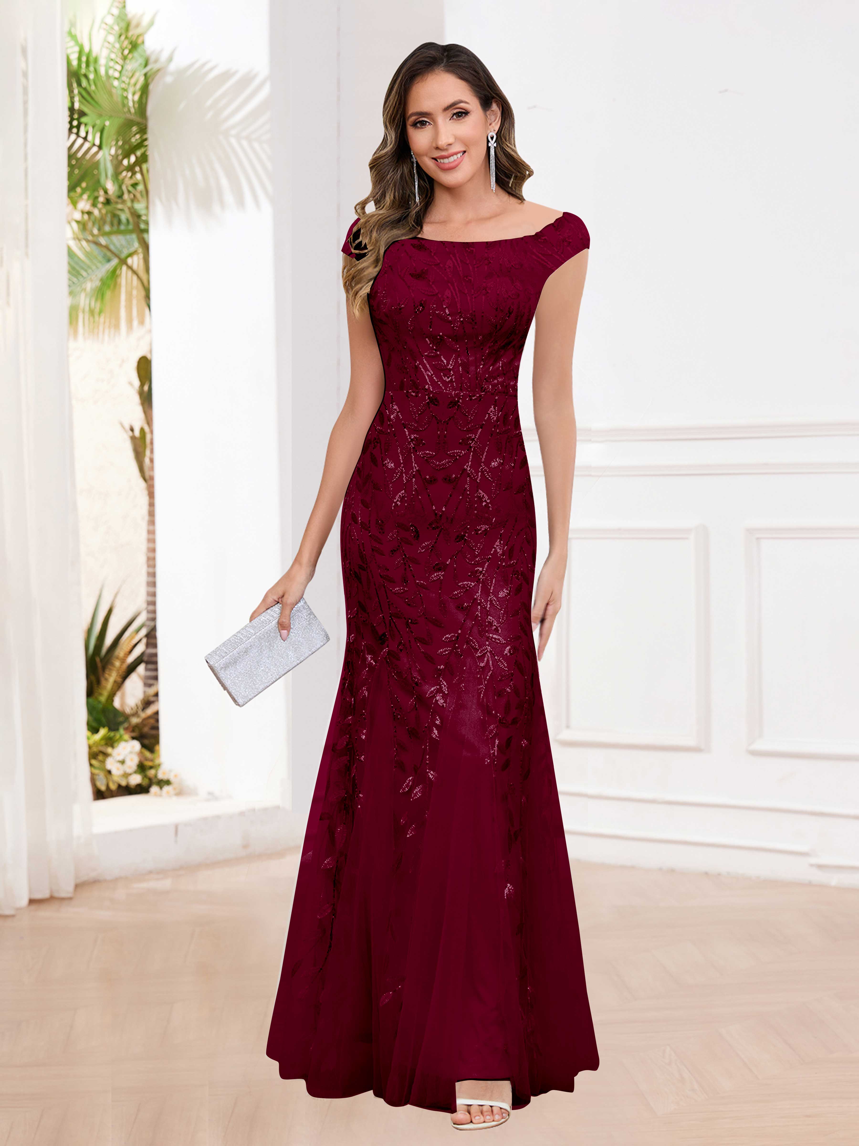 Aelindra Modern Sheath Leaf Sequins Long Mother of the Bride & Groom Dresses