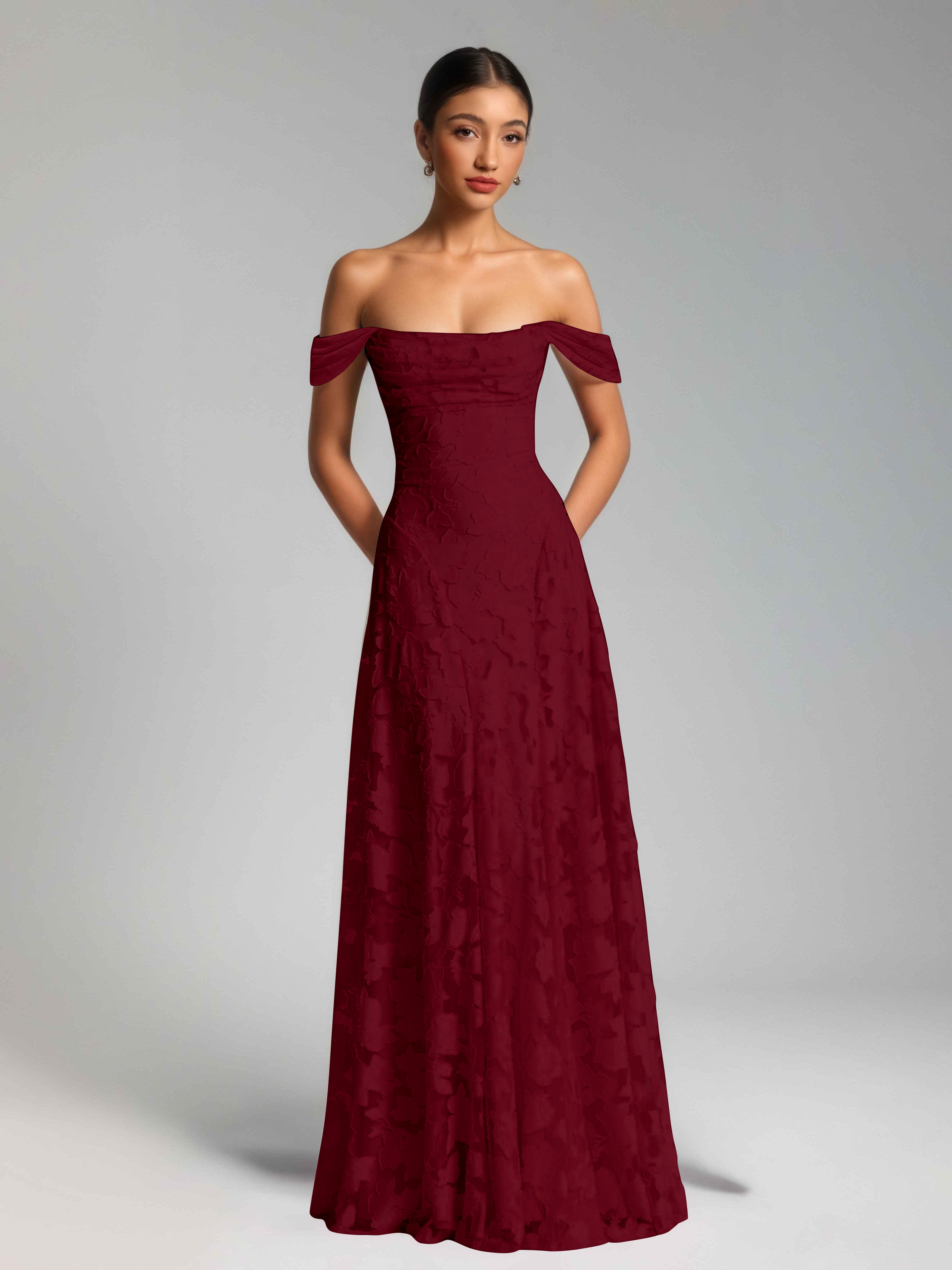 Oraelithra Charming A-Line Off the Shoulder Long Jacquard Bridesmaid Dresses