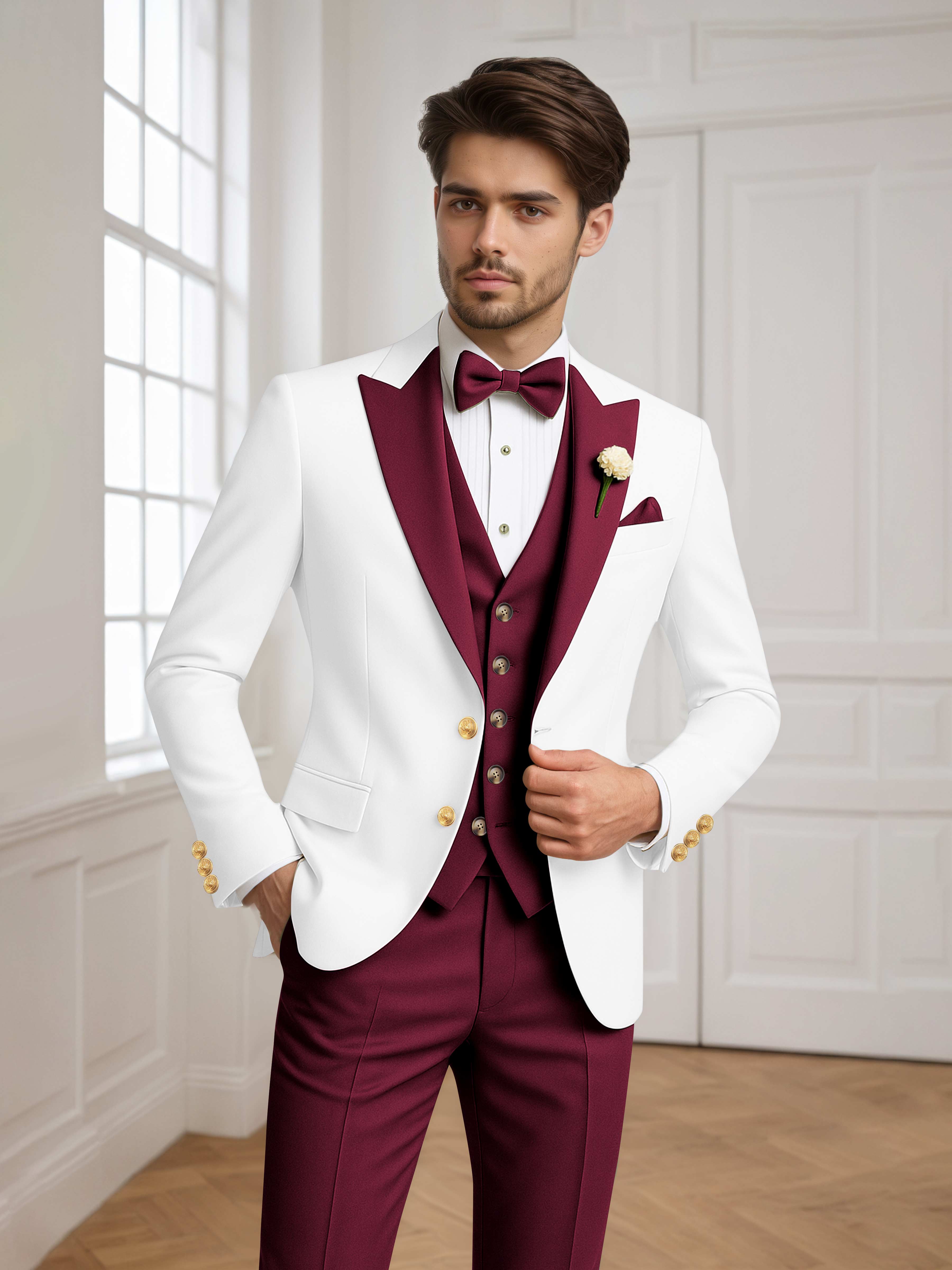 Color Block Peak Lapel Men's 3 Pieces Suit for Groom Wedding & Prom