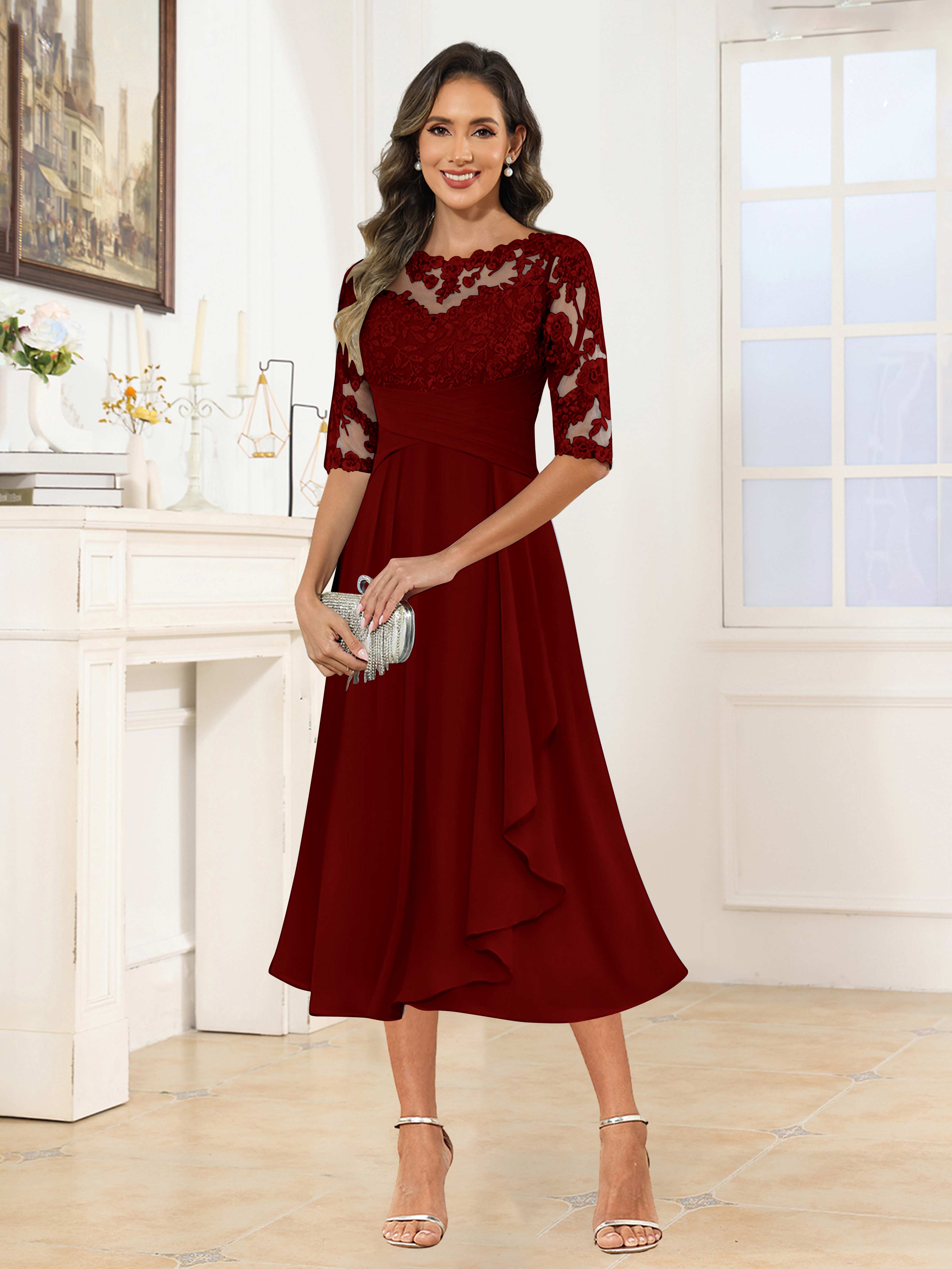 Traelithra Charming Illusion Ruffles Lace Tea Length Chiffon Mother of the Bride Dresses