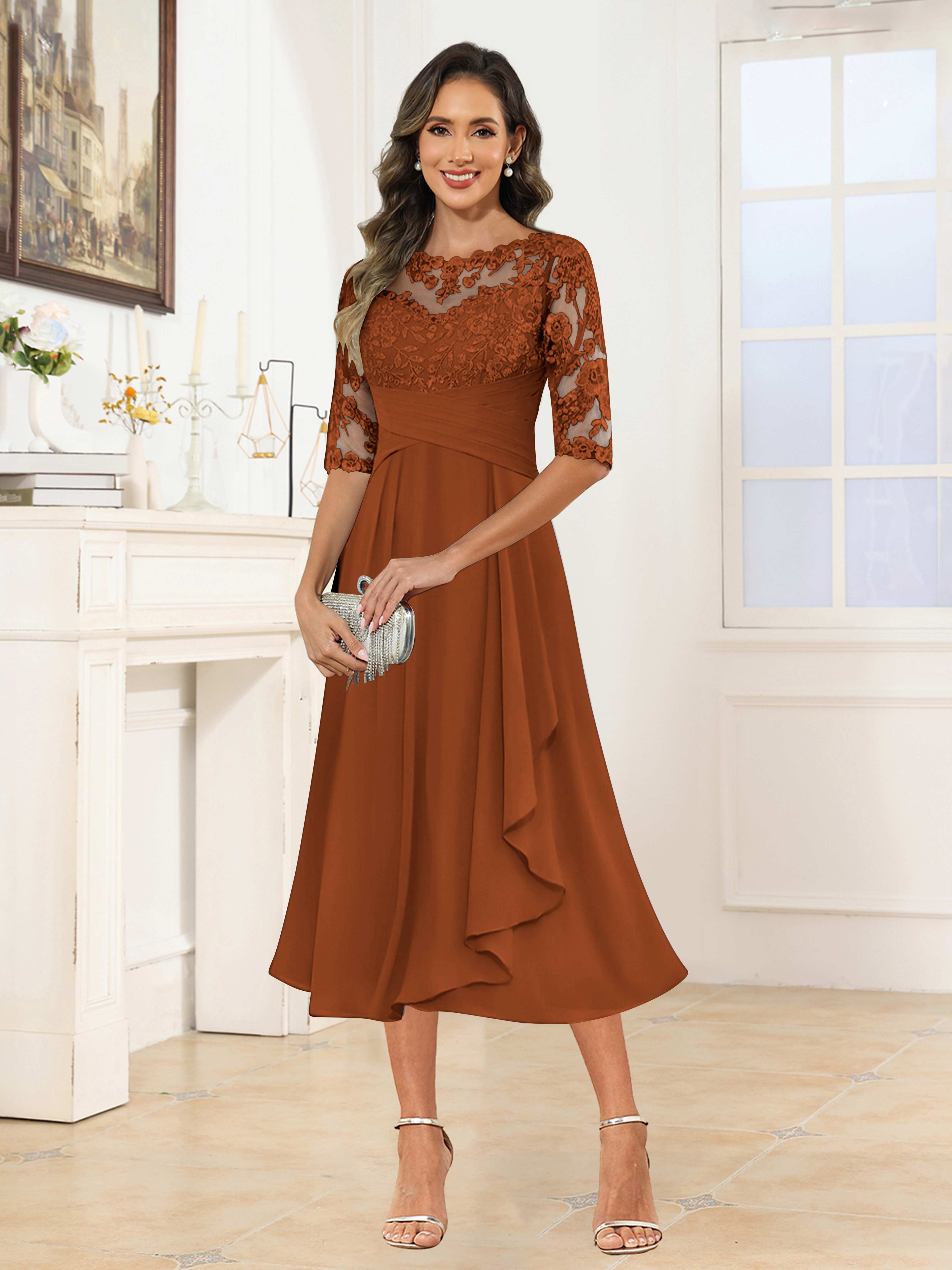 Traelithra Charming Illusion Ruffles Lace Tea Length Chiffon Mother of the Bride Dresses