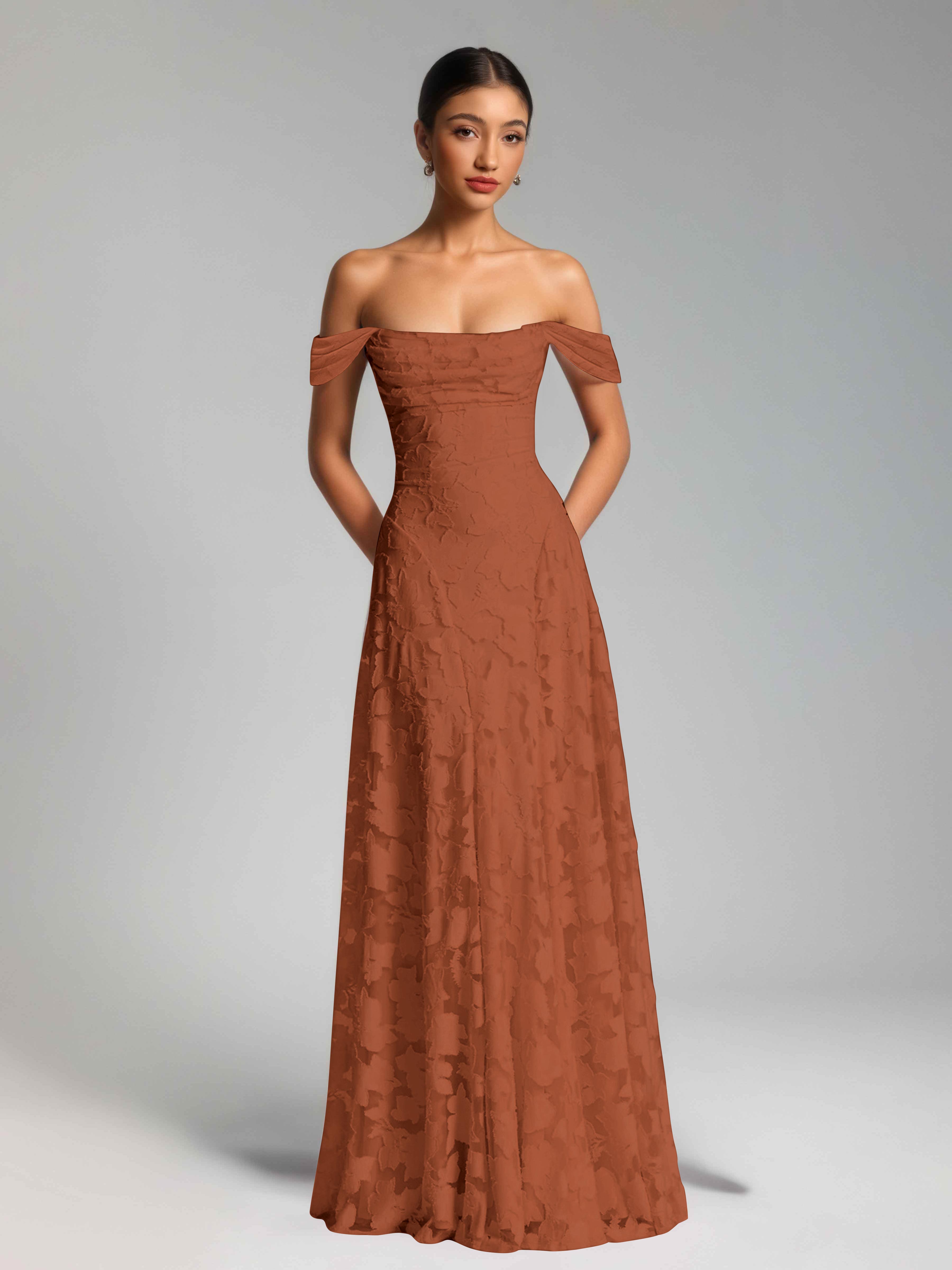 Oraelithra Charming A-Line Off the Shoulder Long Jacquard Bridesmaid Dresses