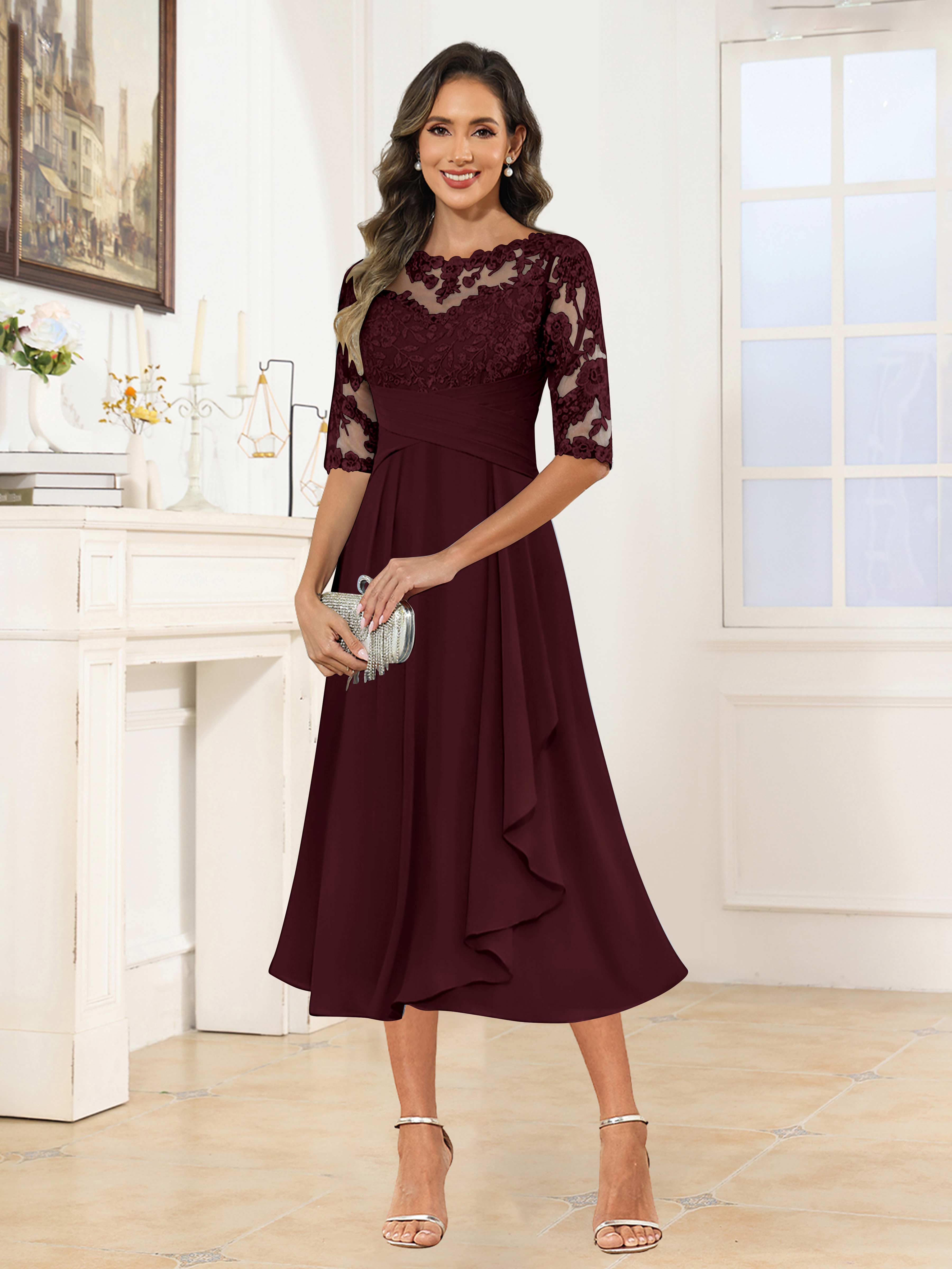 Traelithra Charming Illusion Ruffles Lace Tea Length Chiffon Mother of the Bride Dresses