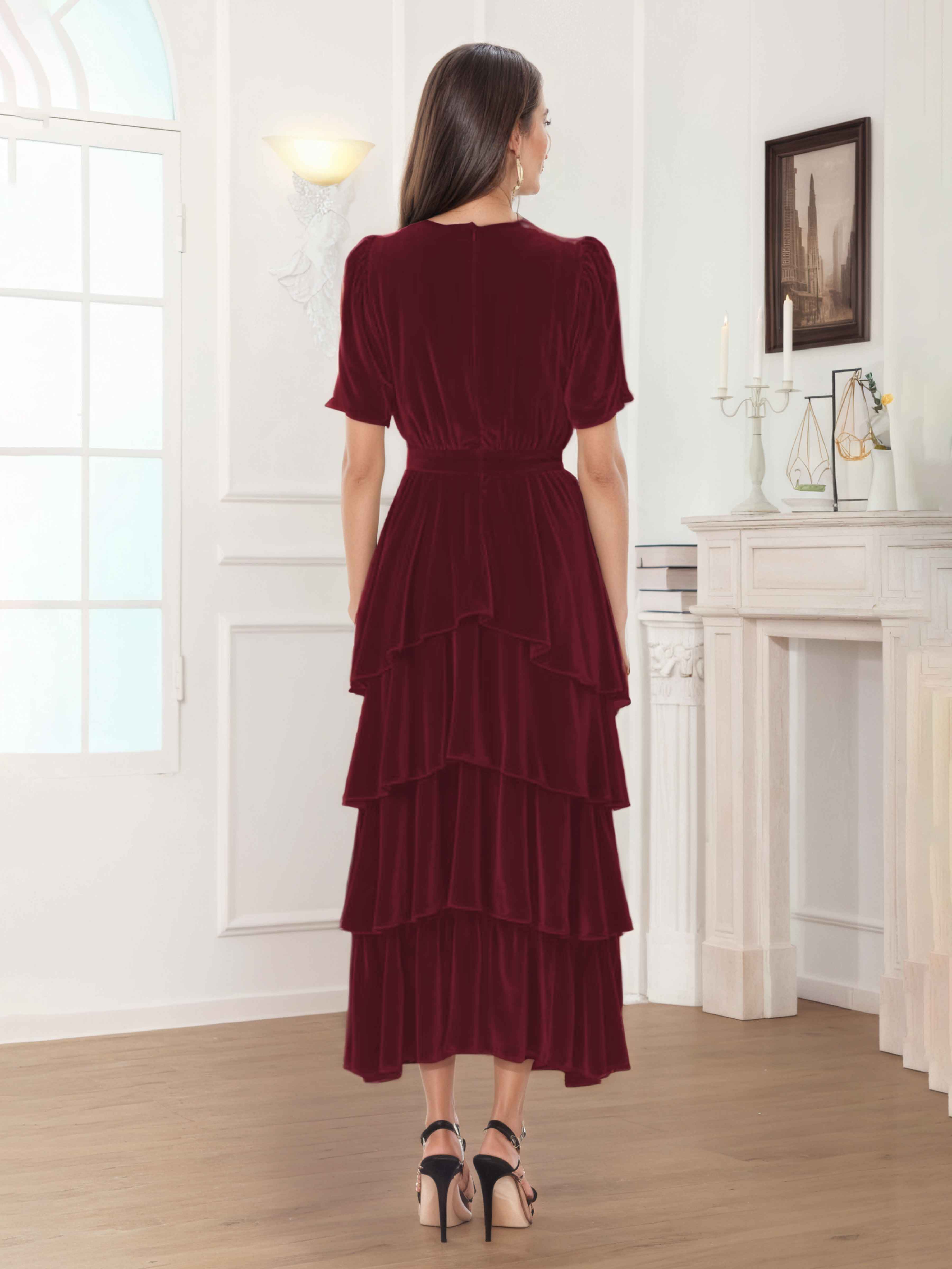 Caelia Ageless A-Line V-neck Short Sleeves Long Velvet Bridesmaid Dresses