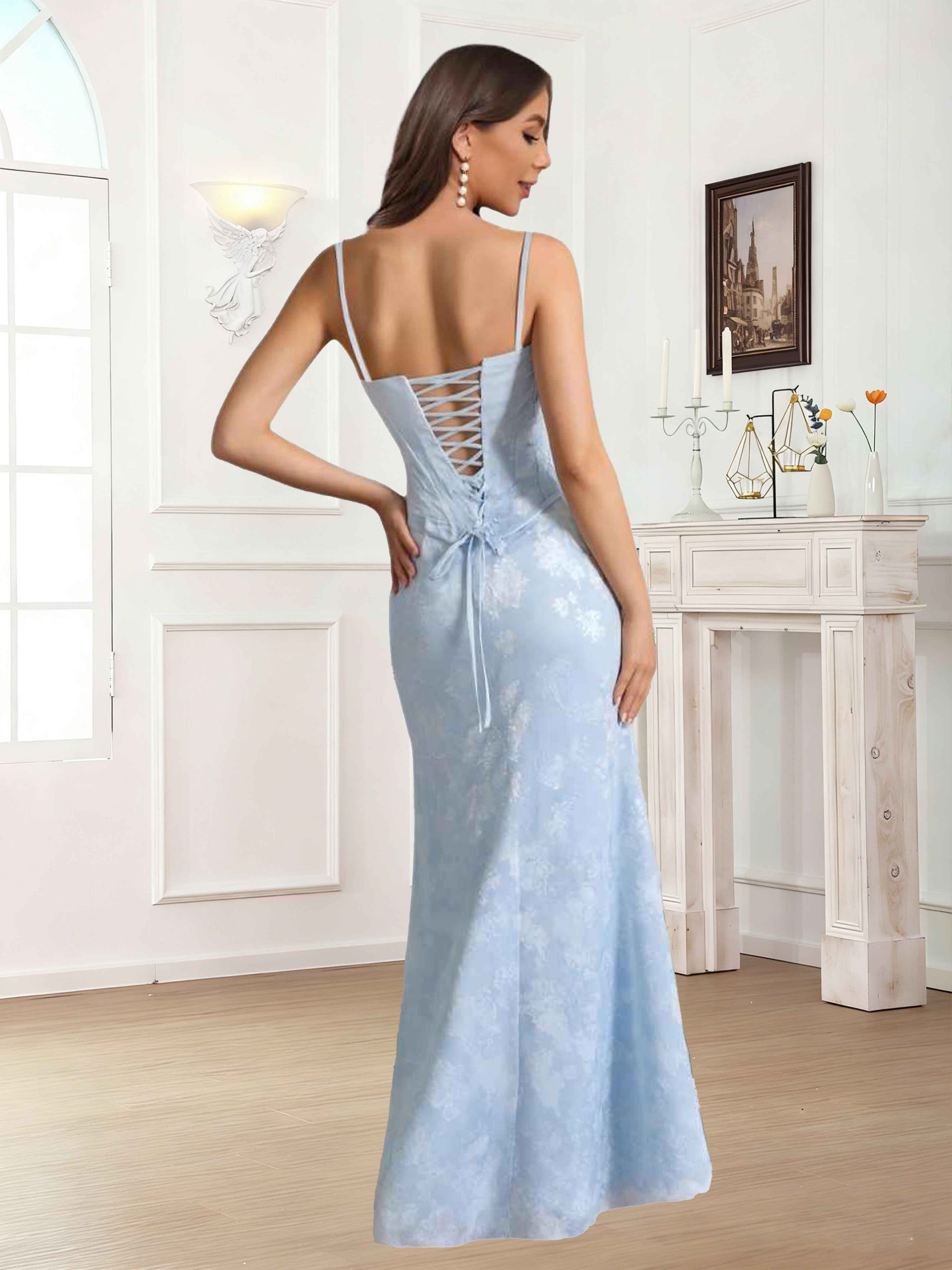 Caelithra Spaghetti Straps Sheath Corset Jacquard Satin Long Formal Dresses