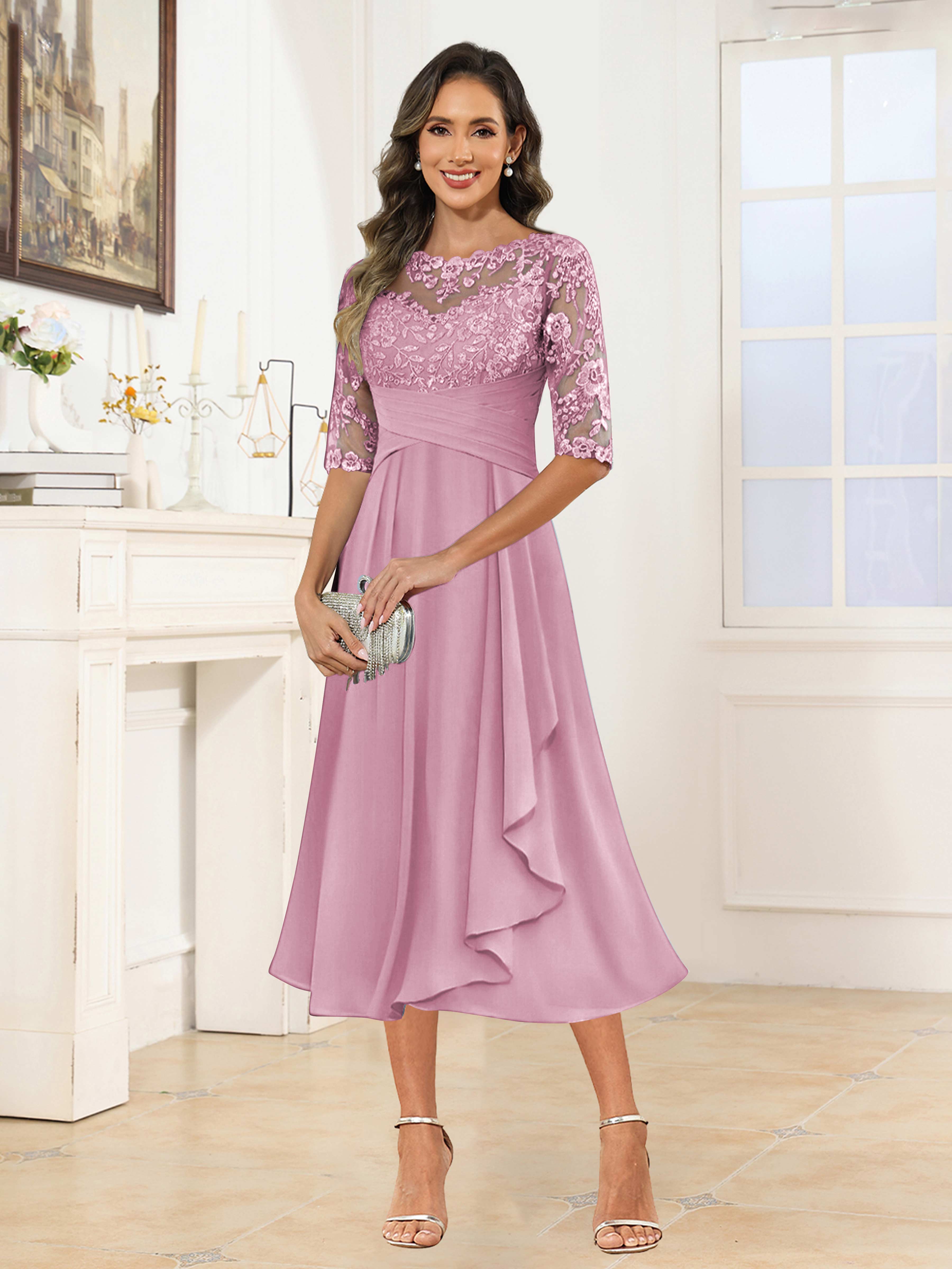 Traelithra Charming Illusion Ruffles Lace Tea Length Chiffon Mother of the Bride Dresses