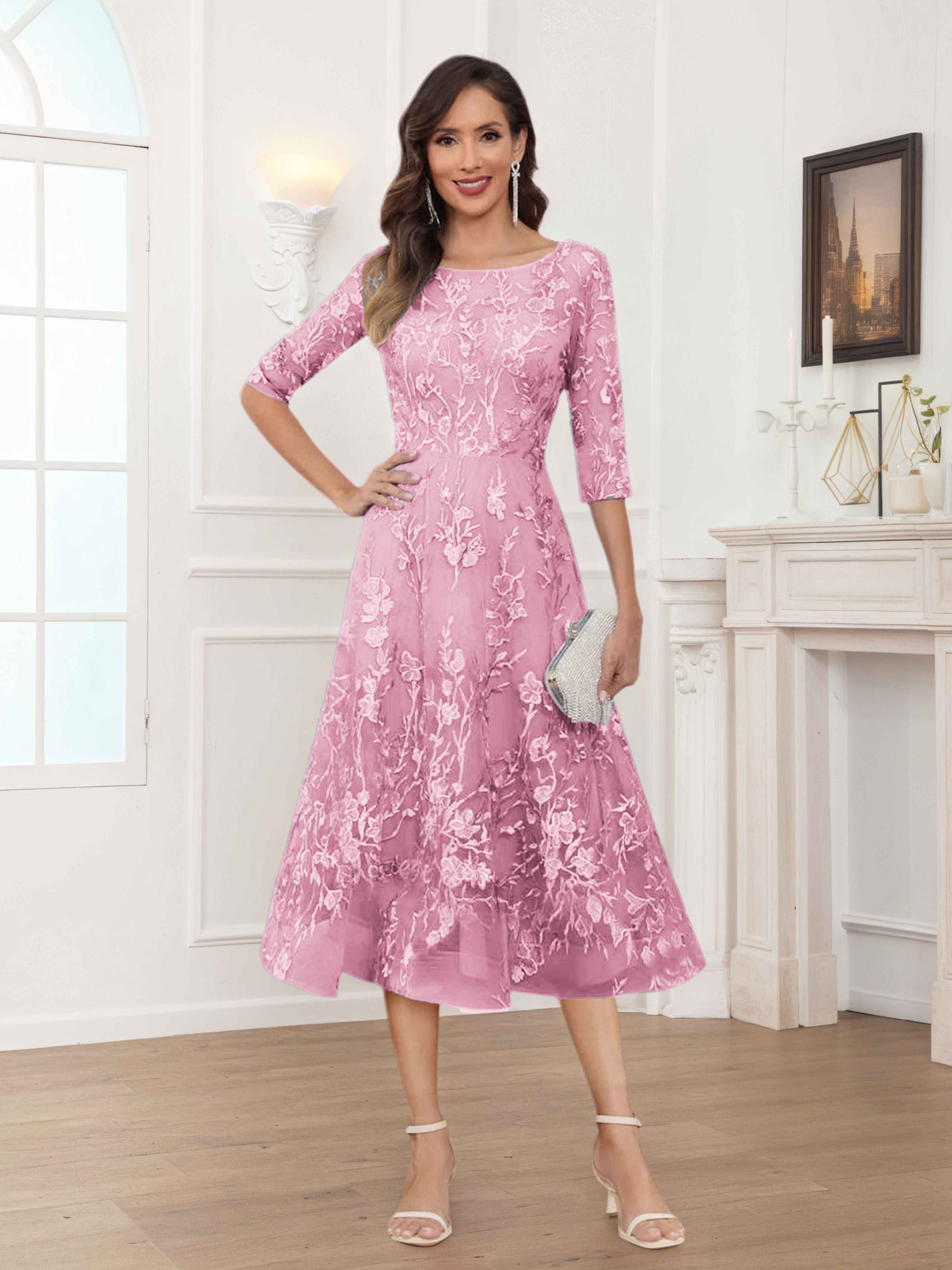 Pax Exquisite A-Line Illusion Lace Tea Length Mother of The Bride Dresses