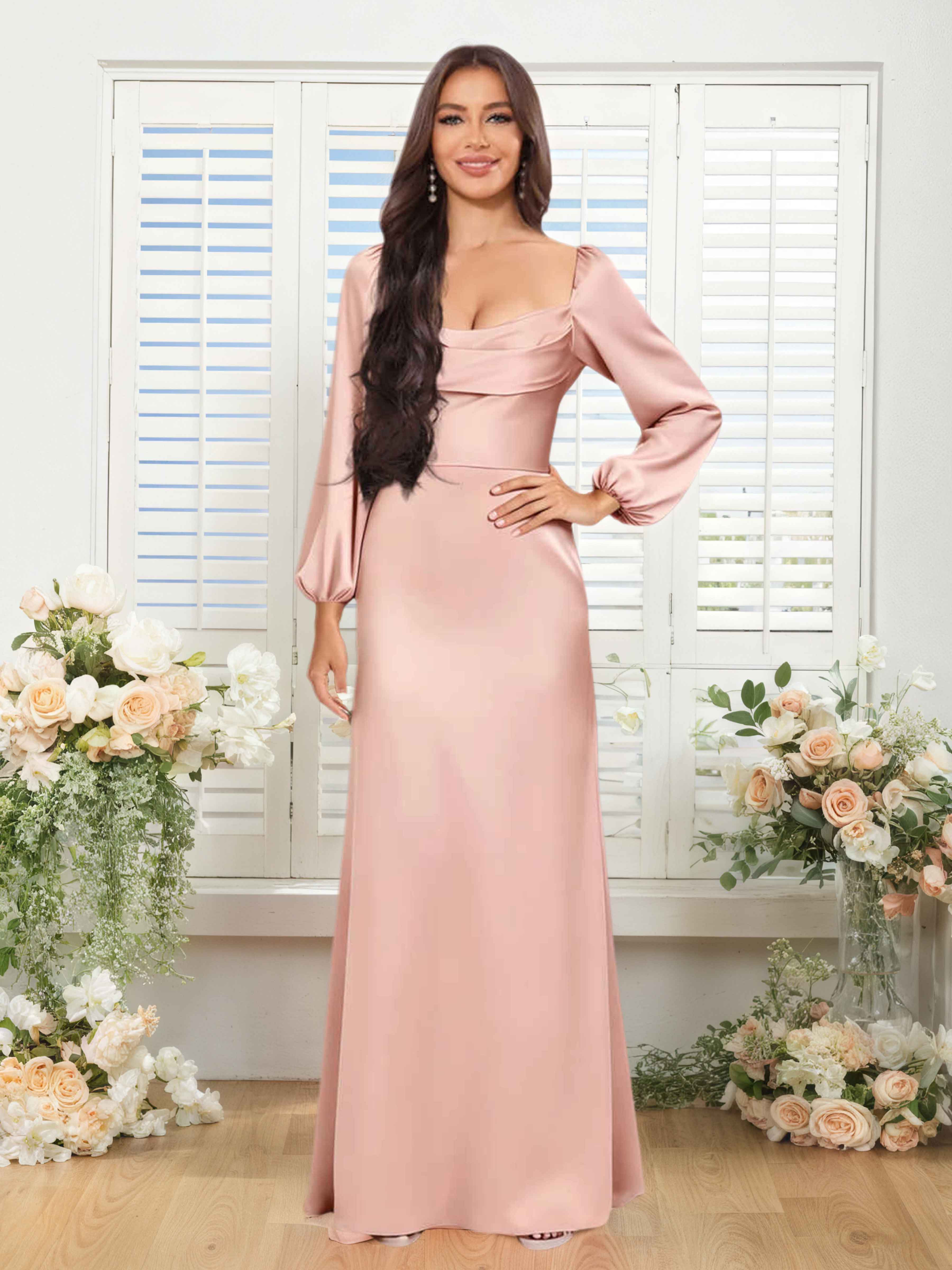 Carys Modest Cowl Ruched Long Sleeves Satin Bridesmaid Dresses