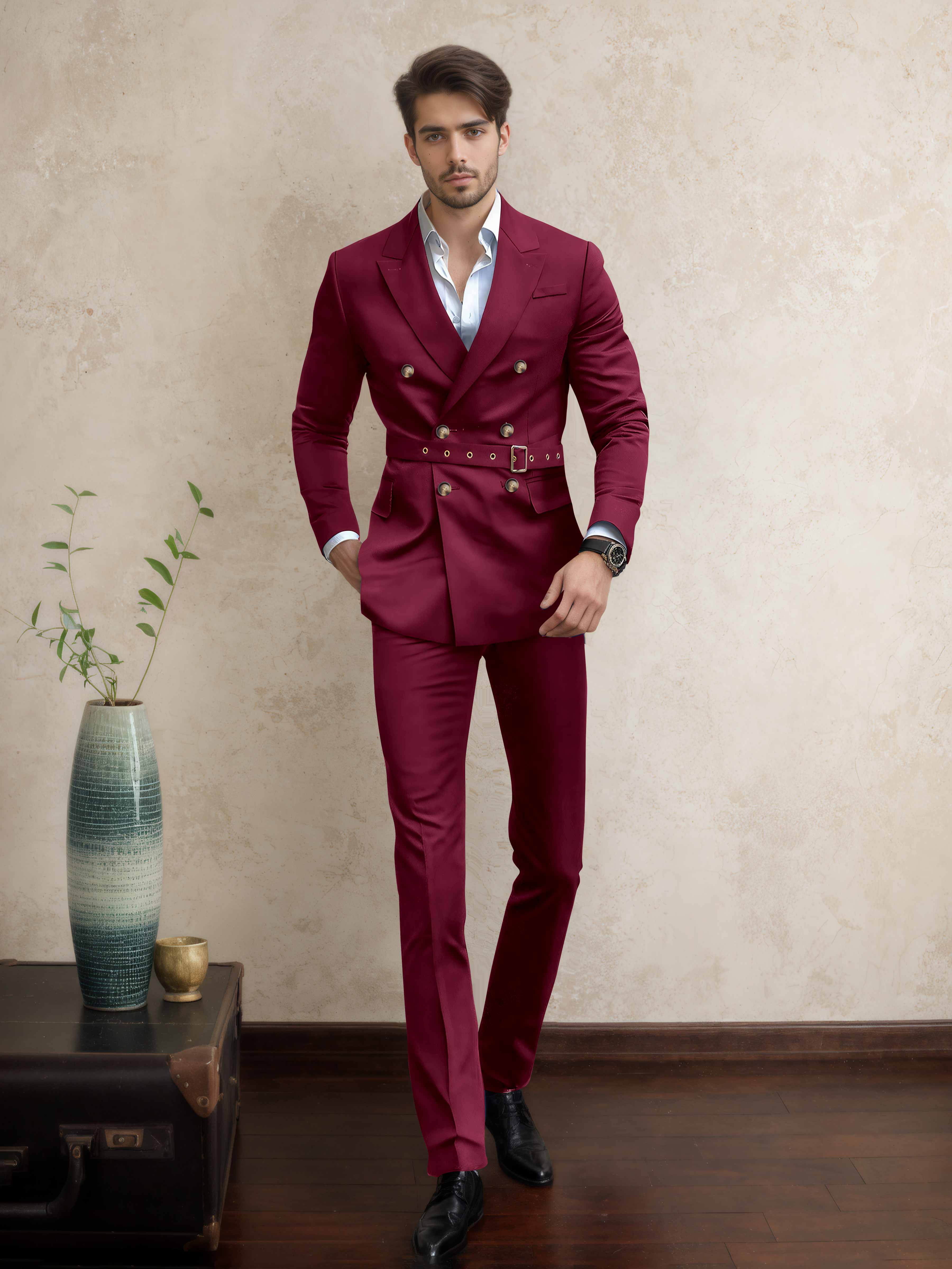 Casual Double Breasted Men's 2 Pieces Peak Lapel Suit with Belt
