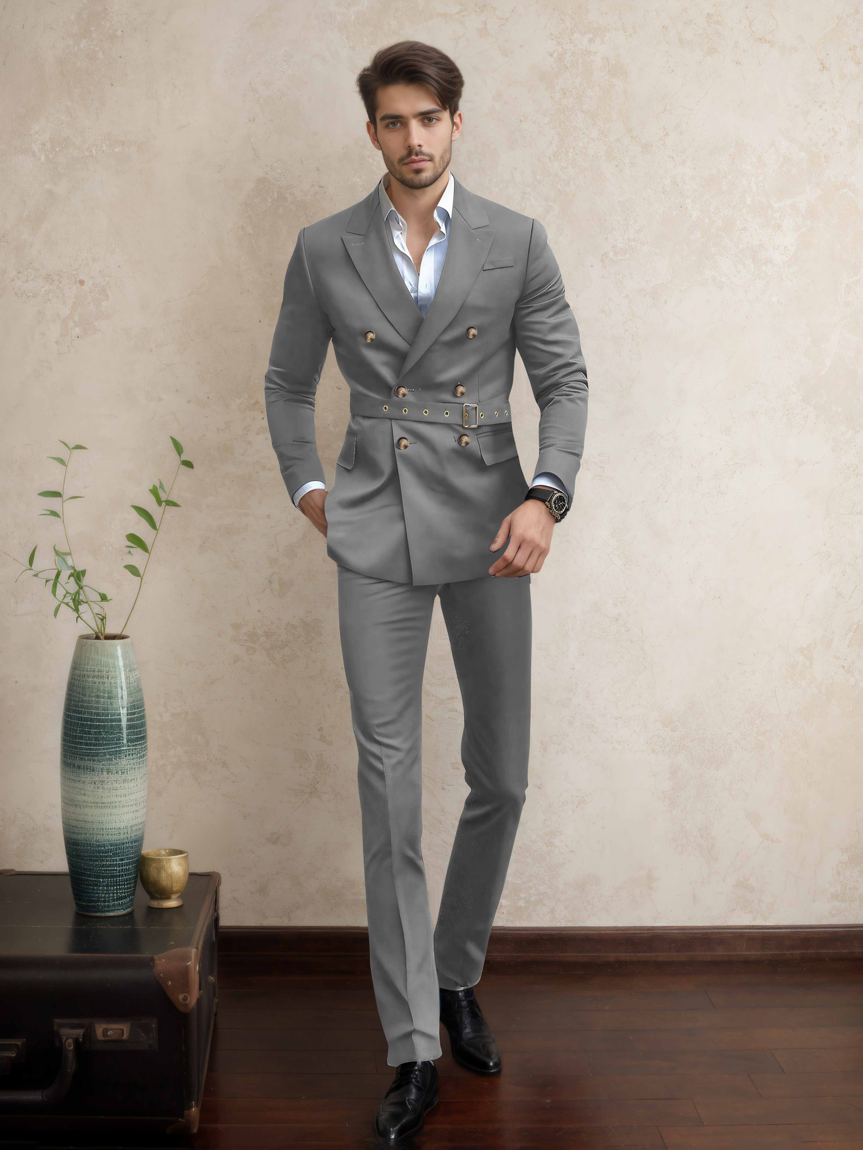 Casual Double Breasted Men's 2 Pieces Peak Lapel Suit with Belt