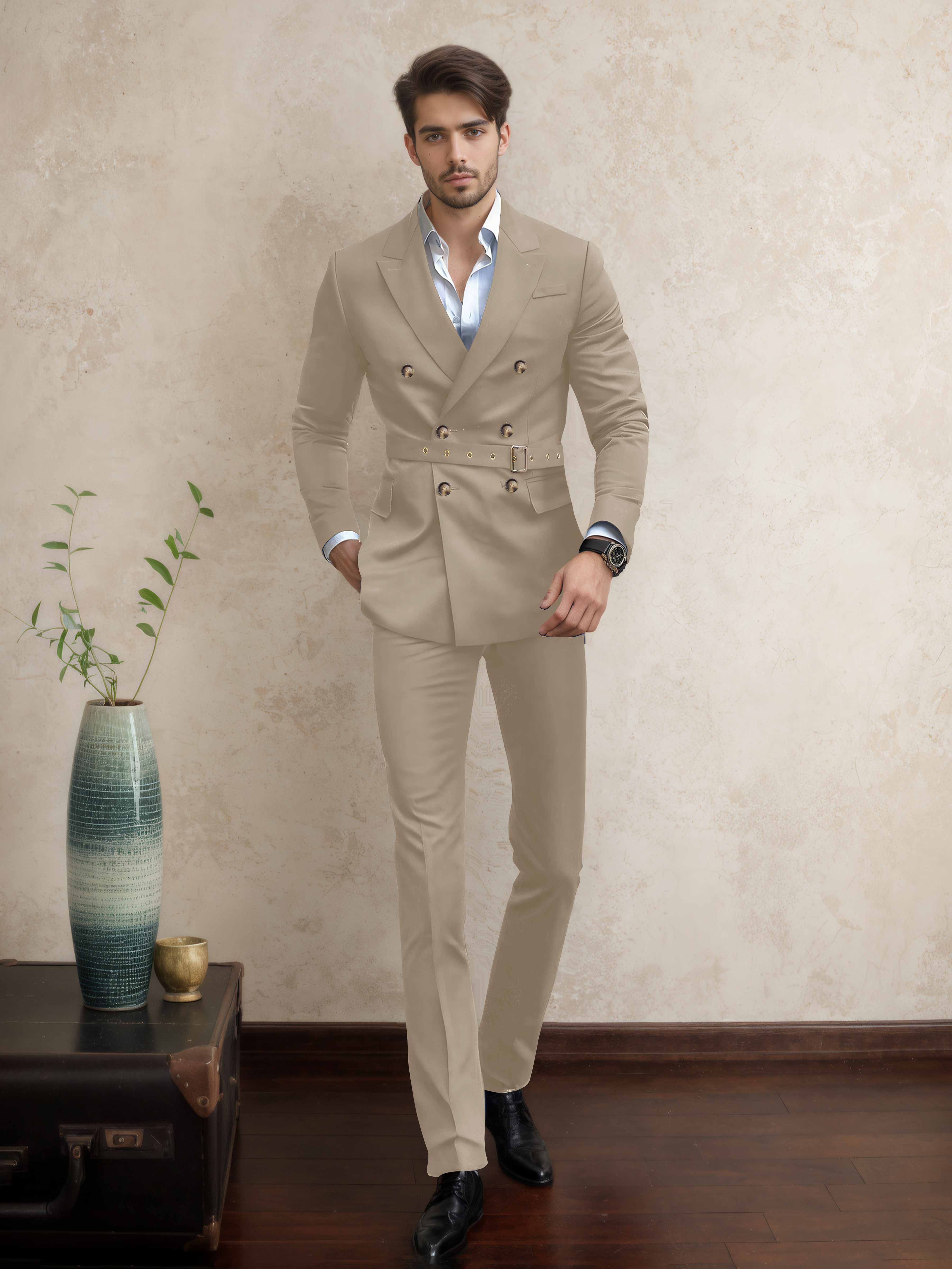 Casual Double Breasted Men's 2 Pieces Peak Lapel Suit with Belt
