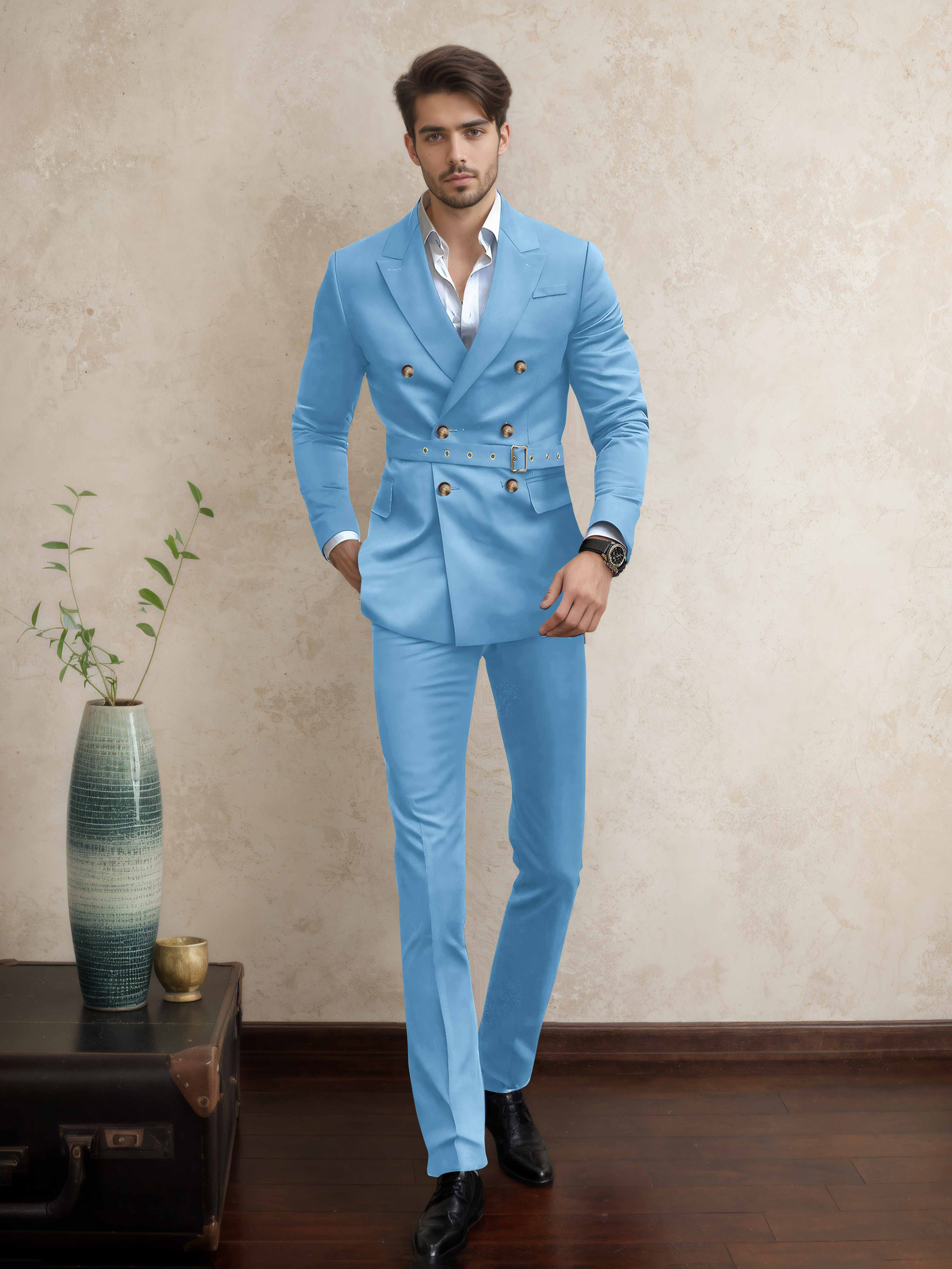 Casual Double Breasted Men's 2 Pieces Peak Lapel Suit with Belt