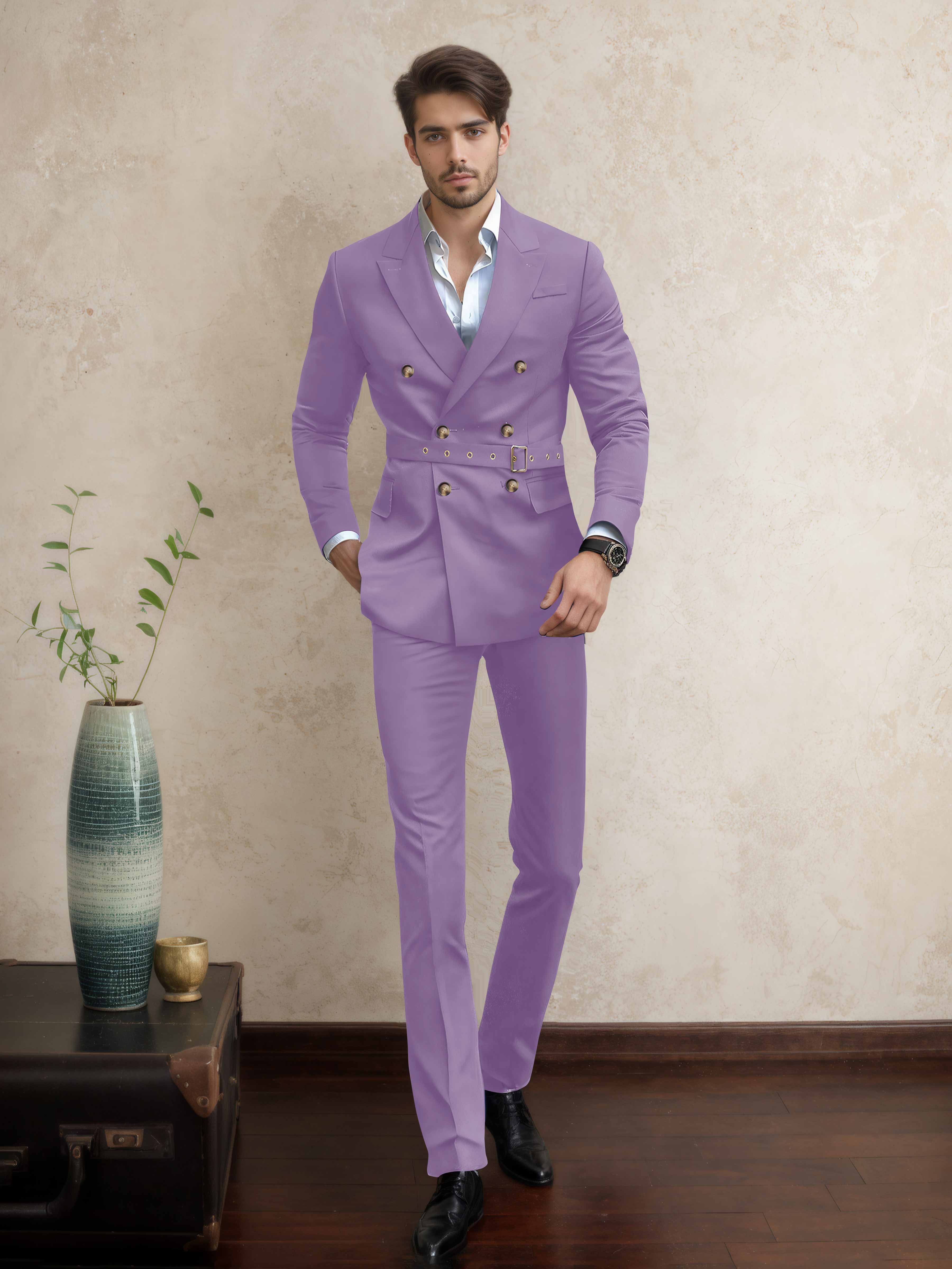 Casual Double Breasted Men's 2 Pieces Peak Lapel Suit with Belt