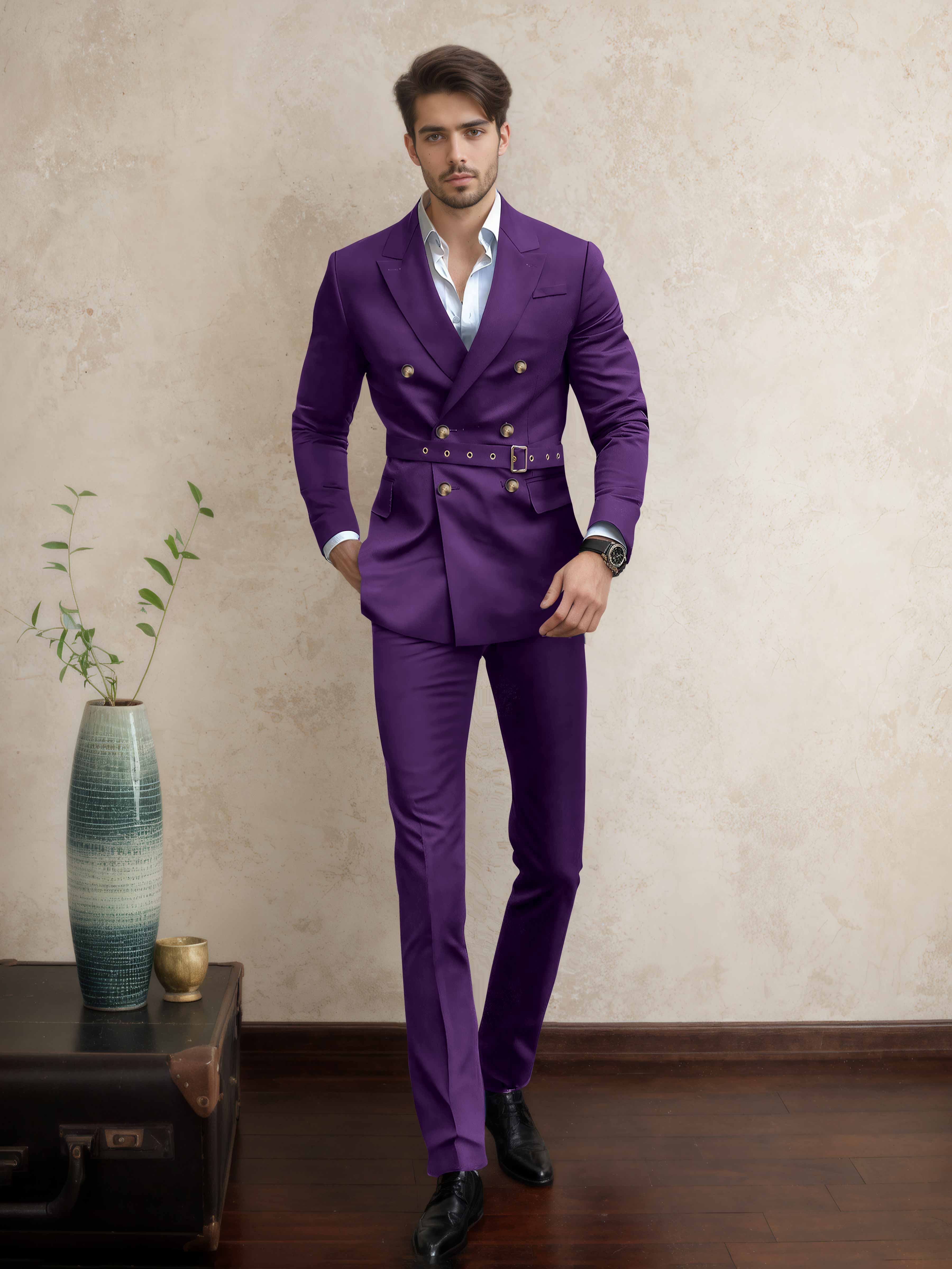 Casual Double Breasted Men's 2 Pieces Peak Lapel Suit with Belt