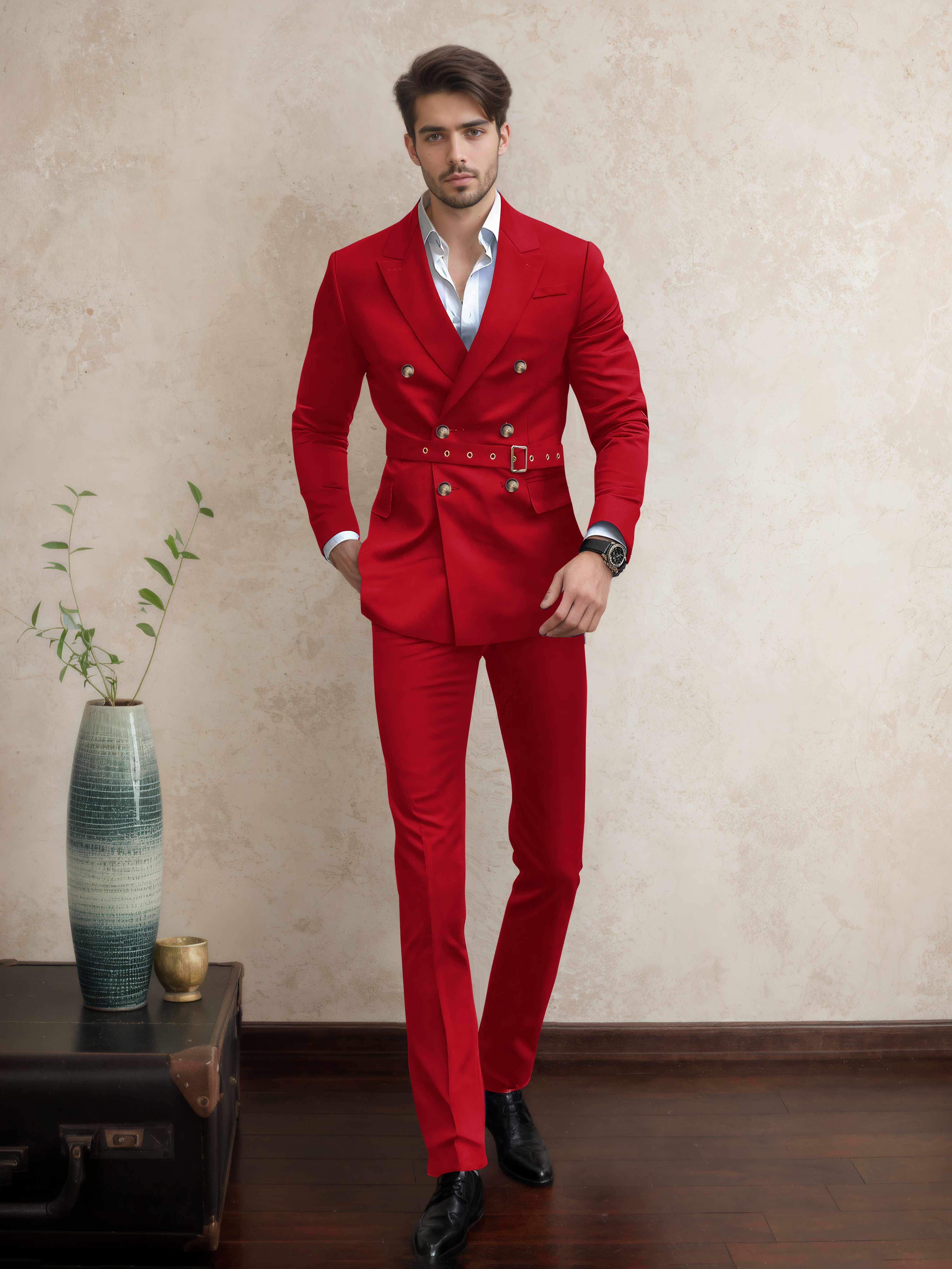 Casual Double Breasted Men's 2 Pieces Peak Lapel Suit with Belt