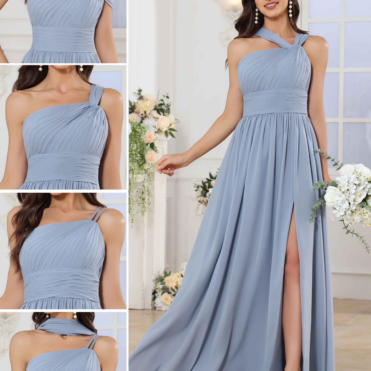 Celia Convertible A-line One Shoulder Floor Length Chiffon Bridesmaid Dresses, Dusty Blue