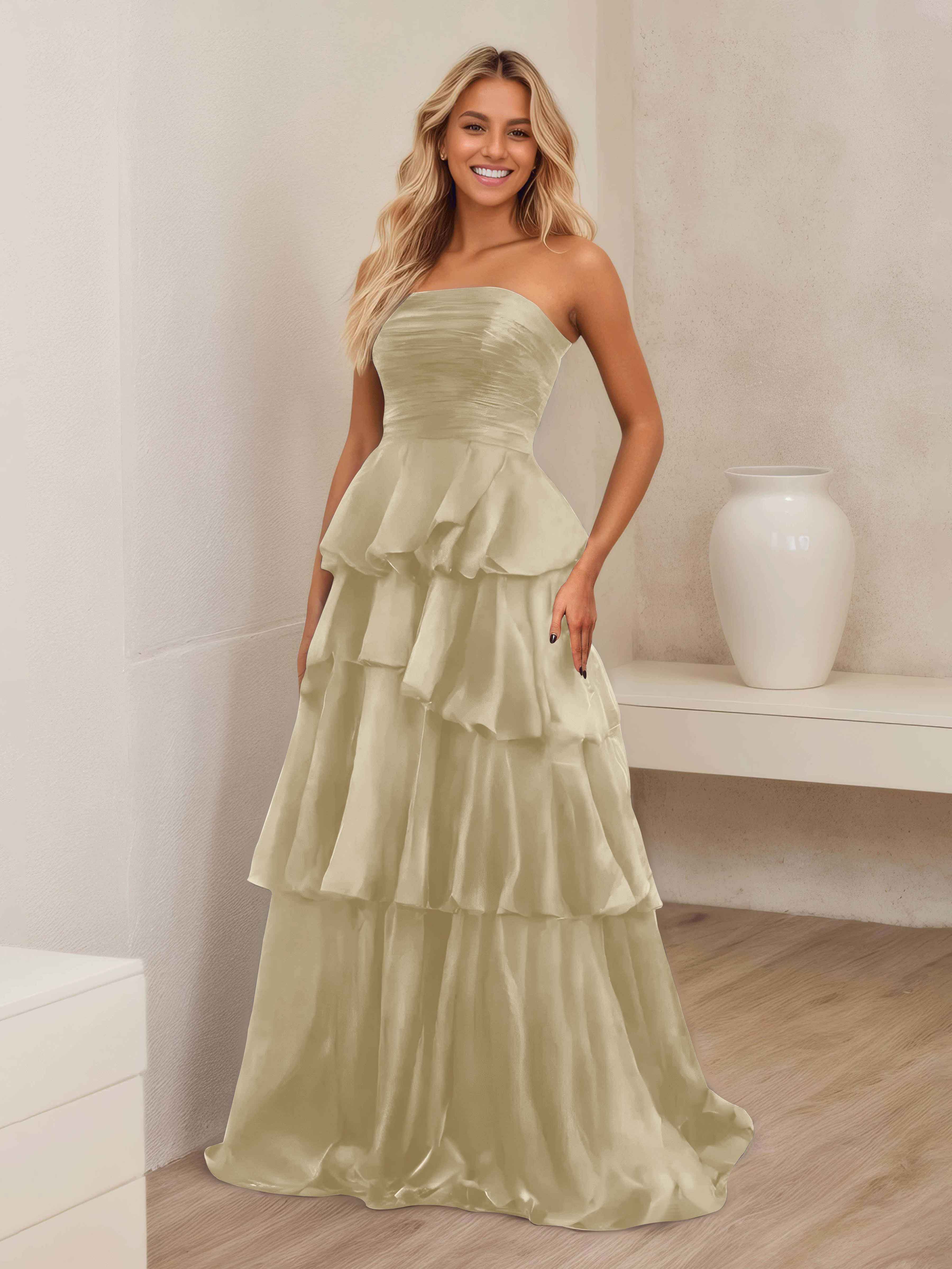 Ellianna Stunning A-Line Strapless Ruched Tiered Floor Length Satin Formal Dresses